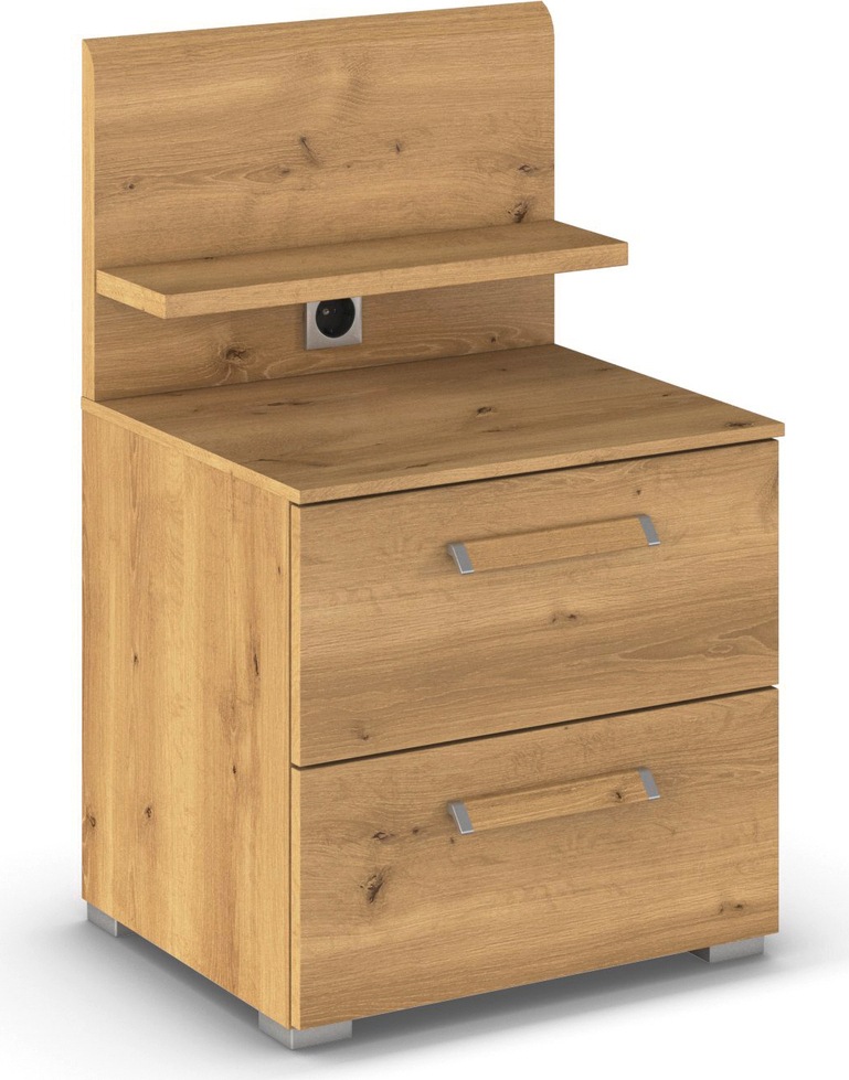 Nachtkommode RAUCH "Nachttisch Nachtkonsole Kommode EVELYN", braun (asteiche), B:50cm H:82cm T:42cm, Holzwerkstoff, Sideboards, in elegantem Stil 2 Schubladen Paneel mit Steckdose MADE IN GERMANY