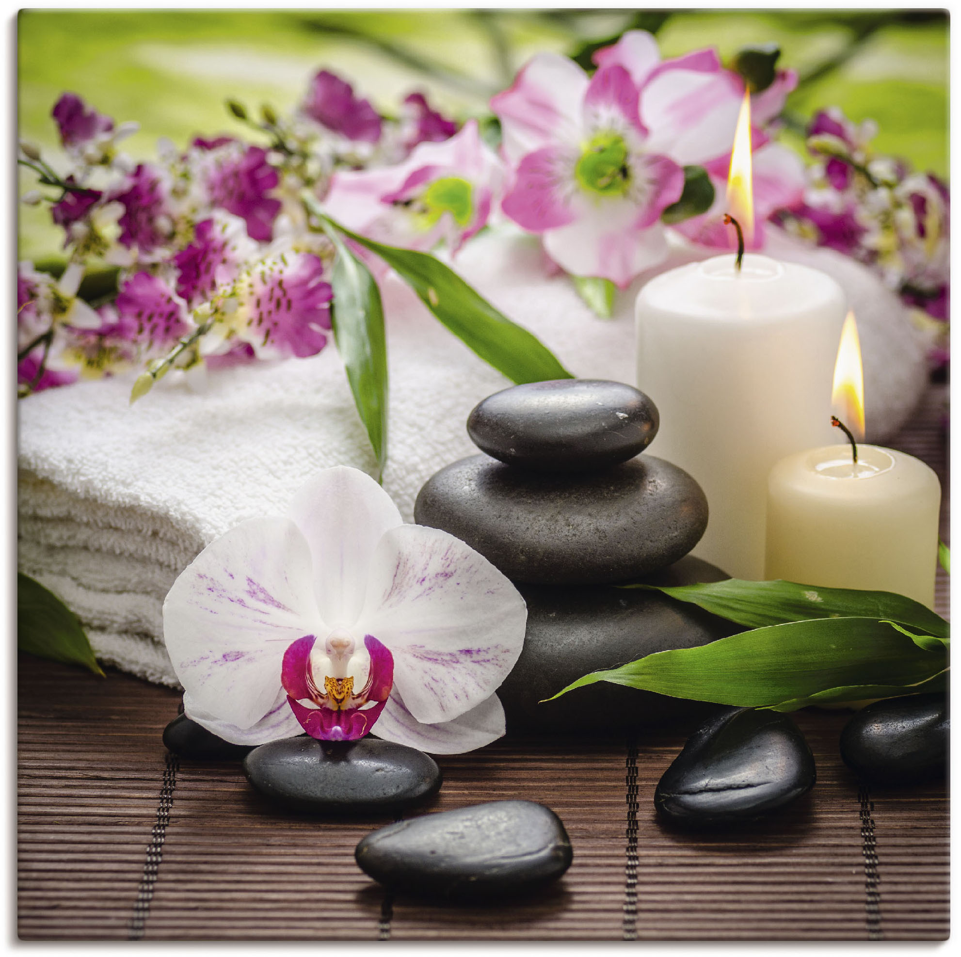 Wandbild ARTLAND "Spa Orchideen Bambus Kerze", pink (farbe bild(er): pink), B:70cm H:70cm, Bilder, als Alubild, Outdoorbild, Leinwandbild, Poster, Wandaufkleber