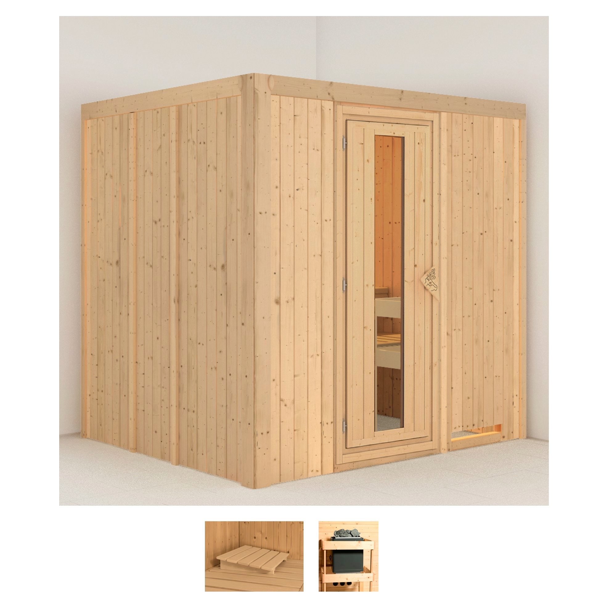 Sauna KARIBU "Sodin", beige (naturbelassen), ohne Ofen, (ohne Ofen), Saunen, ohne Ofen Image