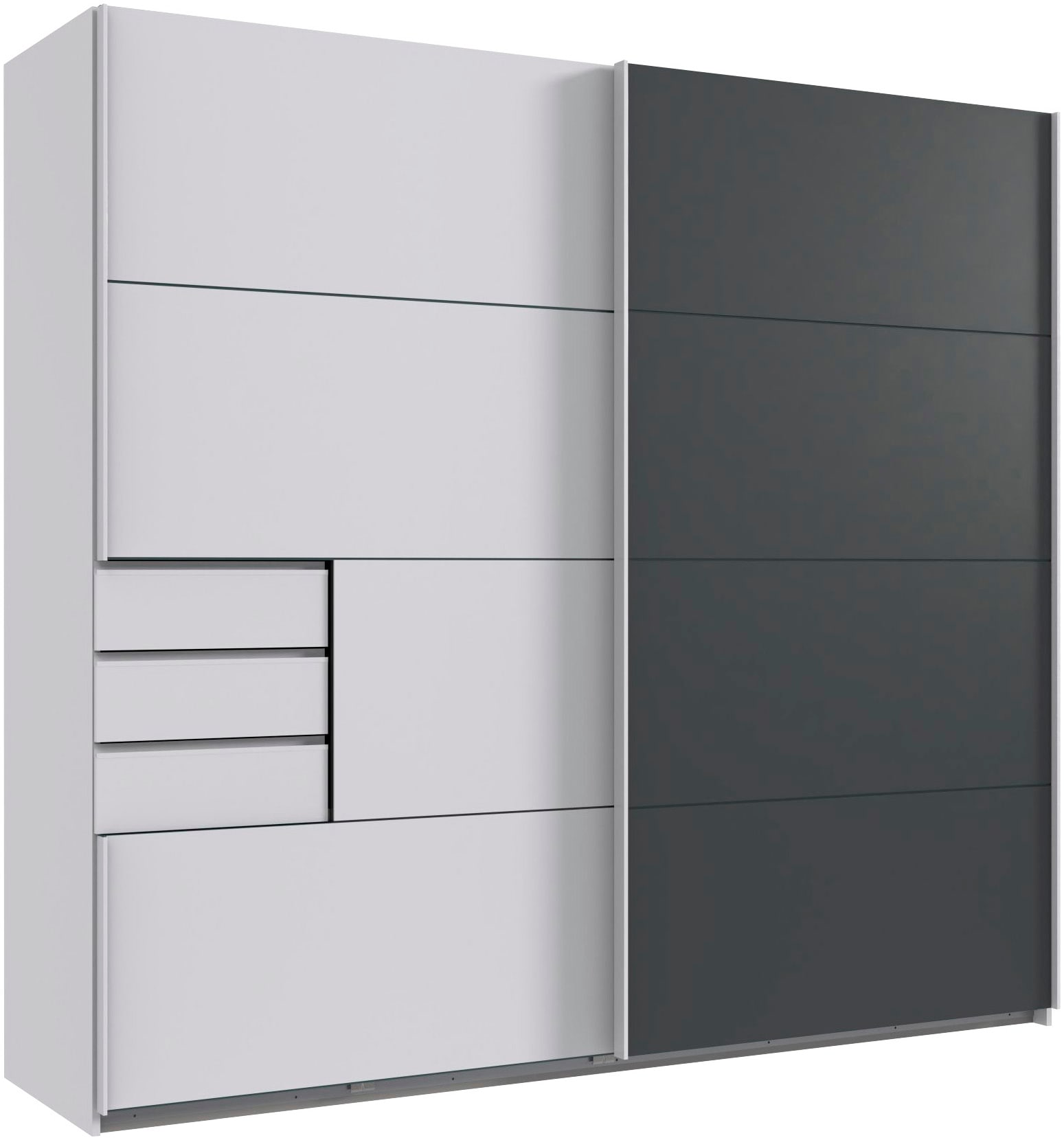 Schwebetürenschrank WIMEX "Saigon, mit kompletter Innenausstattung, Made in Germany", weiß (weiß, durchgängige tür graphit), B:225cm H:208cm T:64cm, Spanplatte, Schränke, Schwebetürenschrank, Kleiderschrank 2-türig, 225cm breit, mit 3 praktischen...