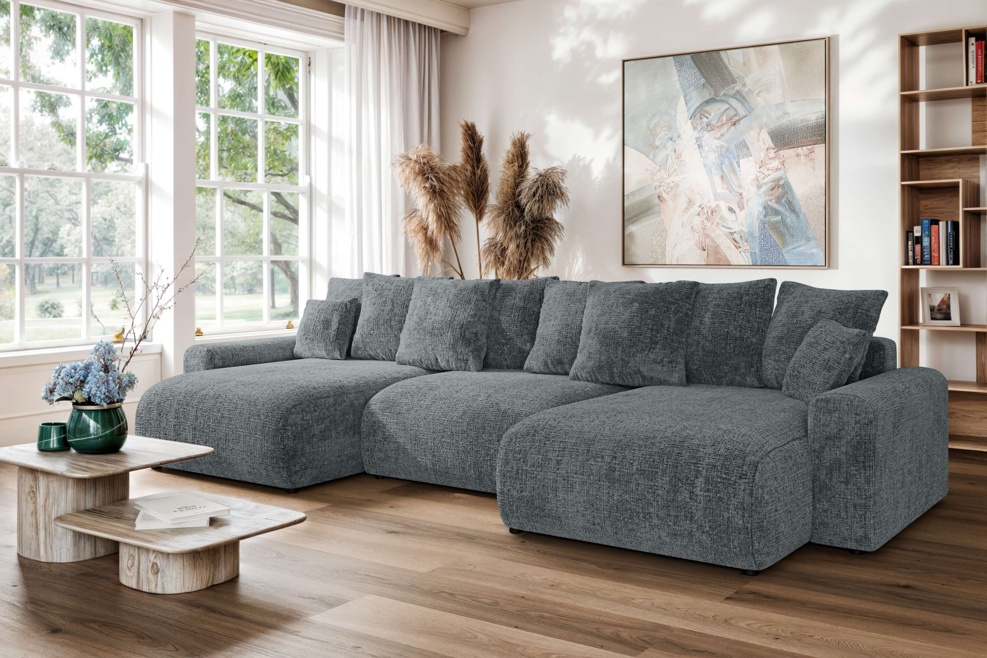 Wohnlandschaft HOME AFFAIRE "LAKESIDE mit Bettfunktion und Bettkasten, Maße B/T/H: 332,5/142/84 cm", grau (dunkelgrau), B:332,5cm H:84cm T:142cm, 100% Polyester, Sofas, Wohnlandschaft, U‑Form mit vielen Kissen und Wellenunterfederung