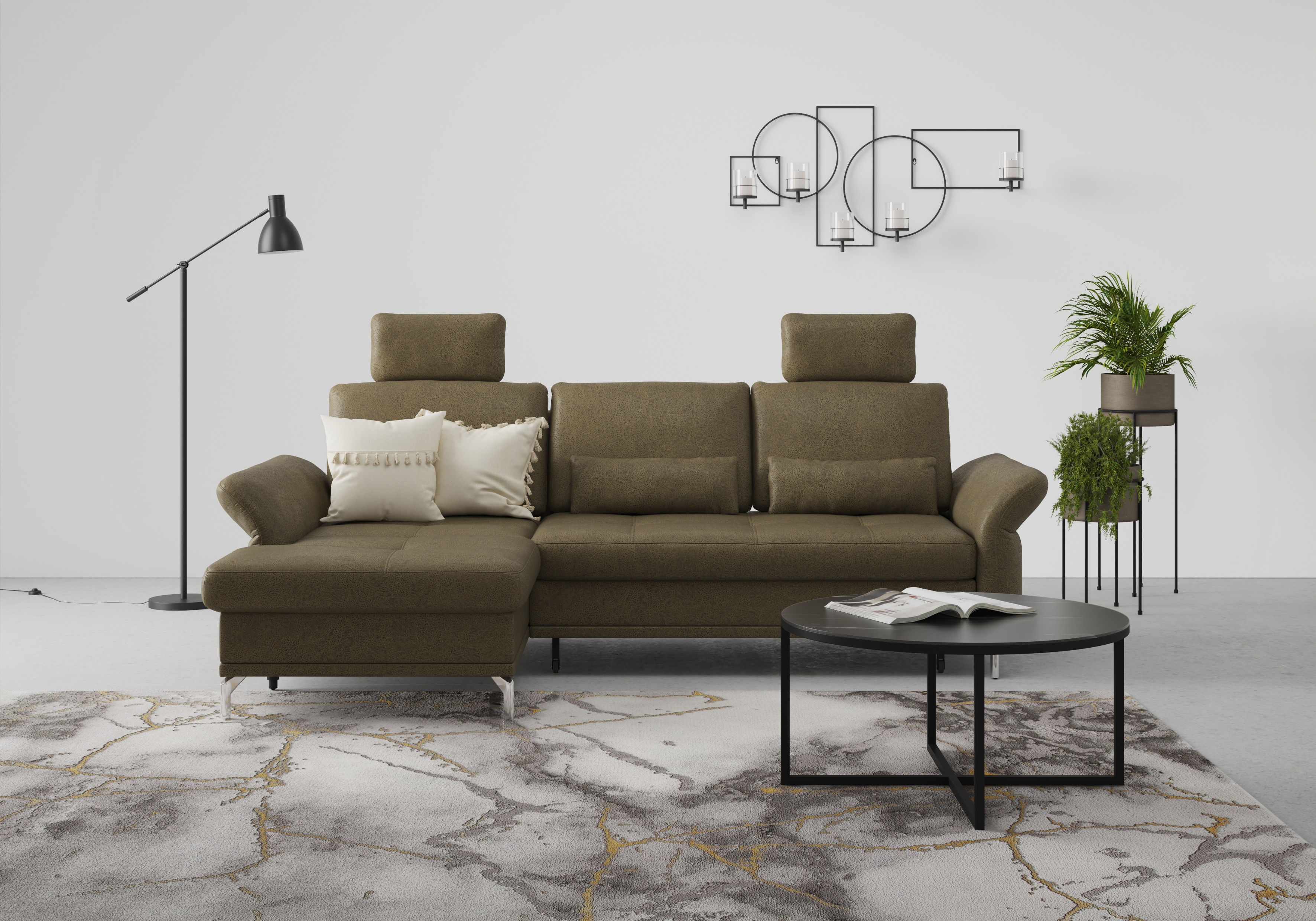 Ecksofa INOSIGN "Palm Beach L-Form", grün (olive), B:275cm H:89cm T:175cm, 100%Polyester, Sofas, Federkern, mit Sitztiefenverstellung, wahlweise mit Bettfunktion Image