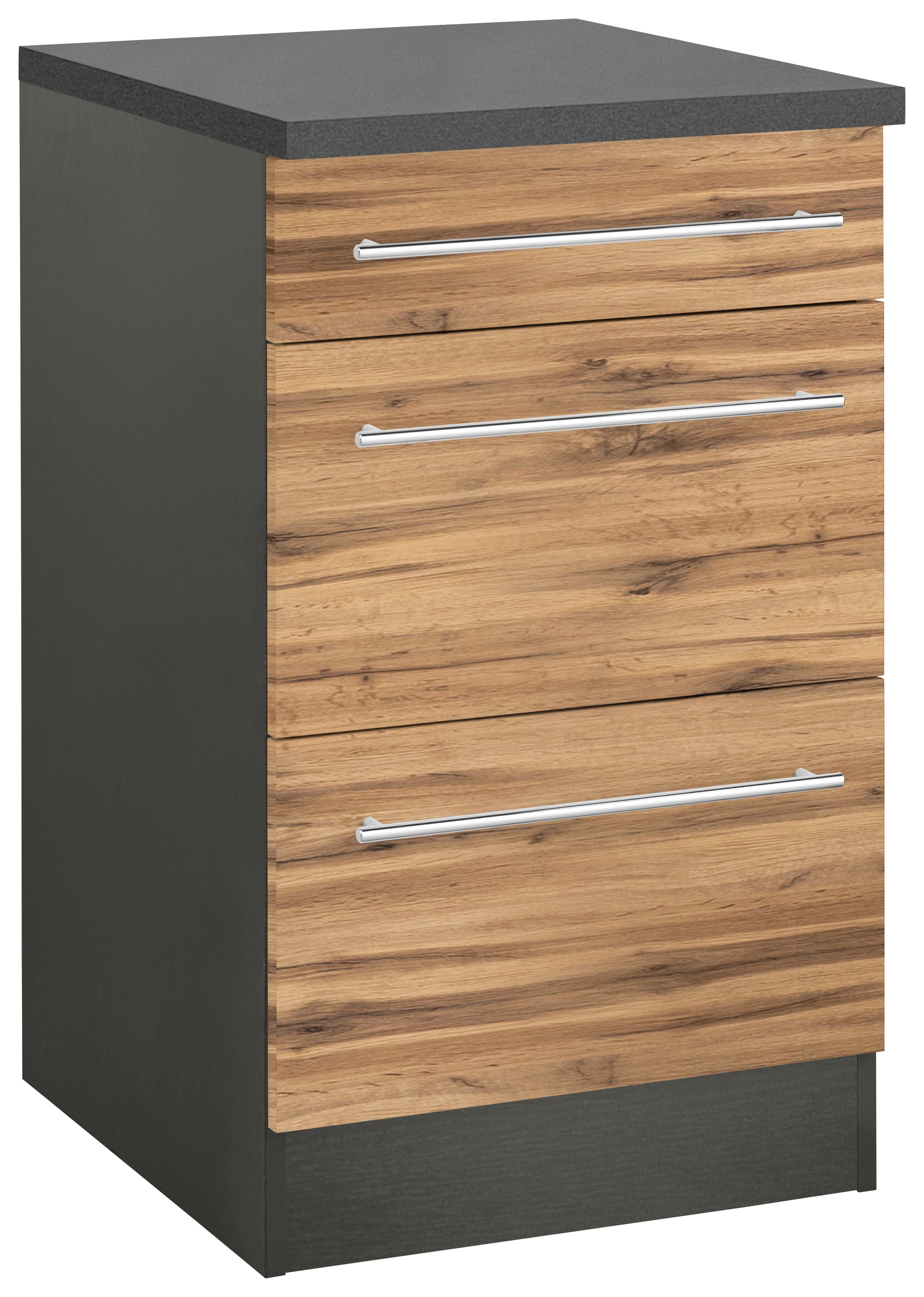 Unterschrank KOCHSTATION "KS-Samos", braun (wotaneichefarben, grafit), B:50cm H:85cm T:60cm, Schränke, Unterschrank, 50 cm breit, mit 2 großen Auszügen