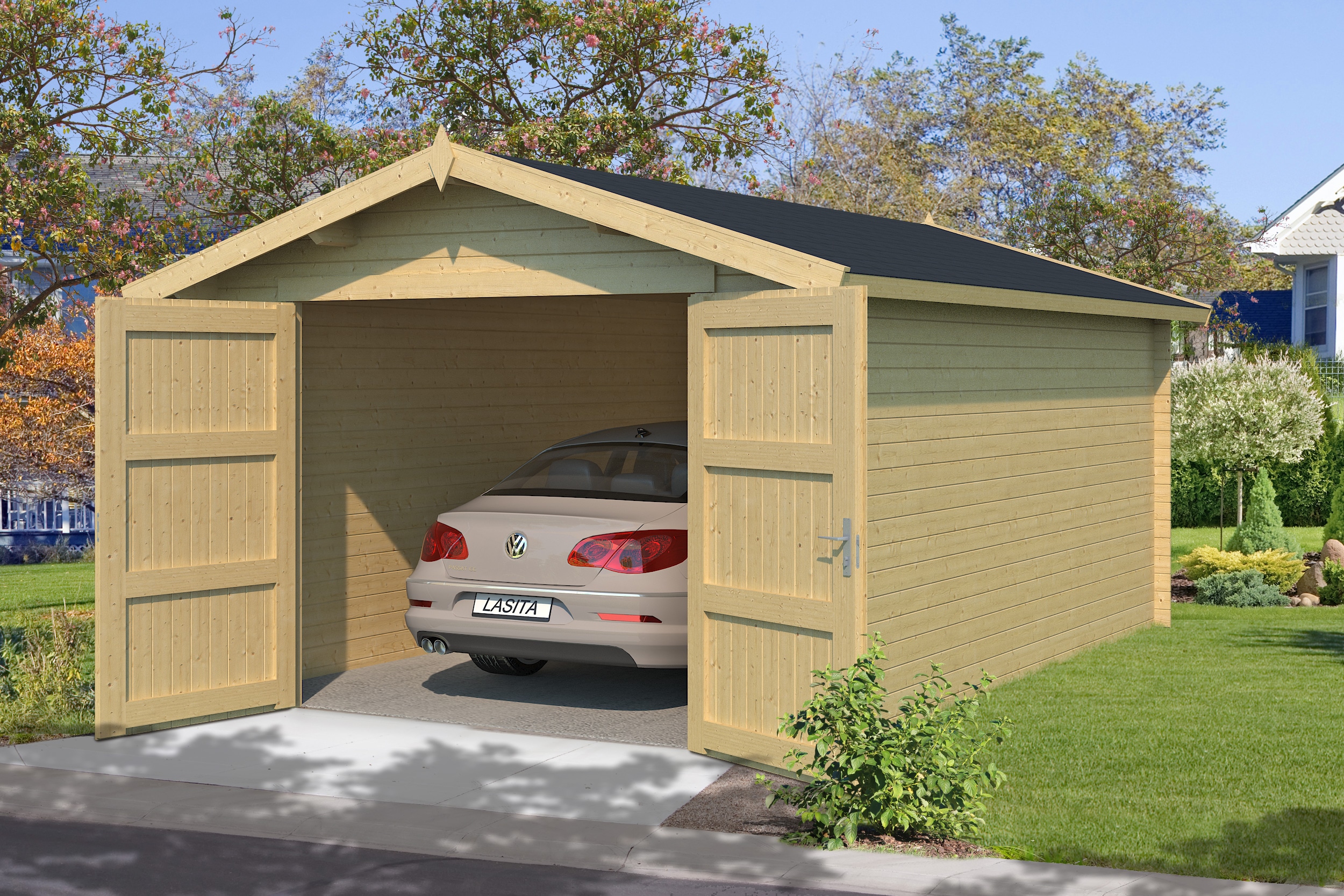 Einzelcarport NORDIC HOLZ "MAURITIUS 34", beige (natur), B/H/T: 381,8cm x 197cm x 560cm, Carports, breites Vollholz-Garagentor