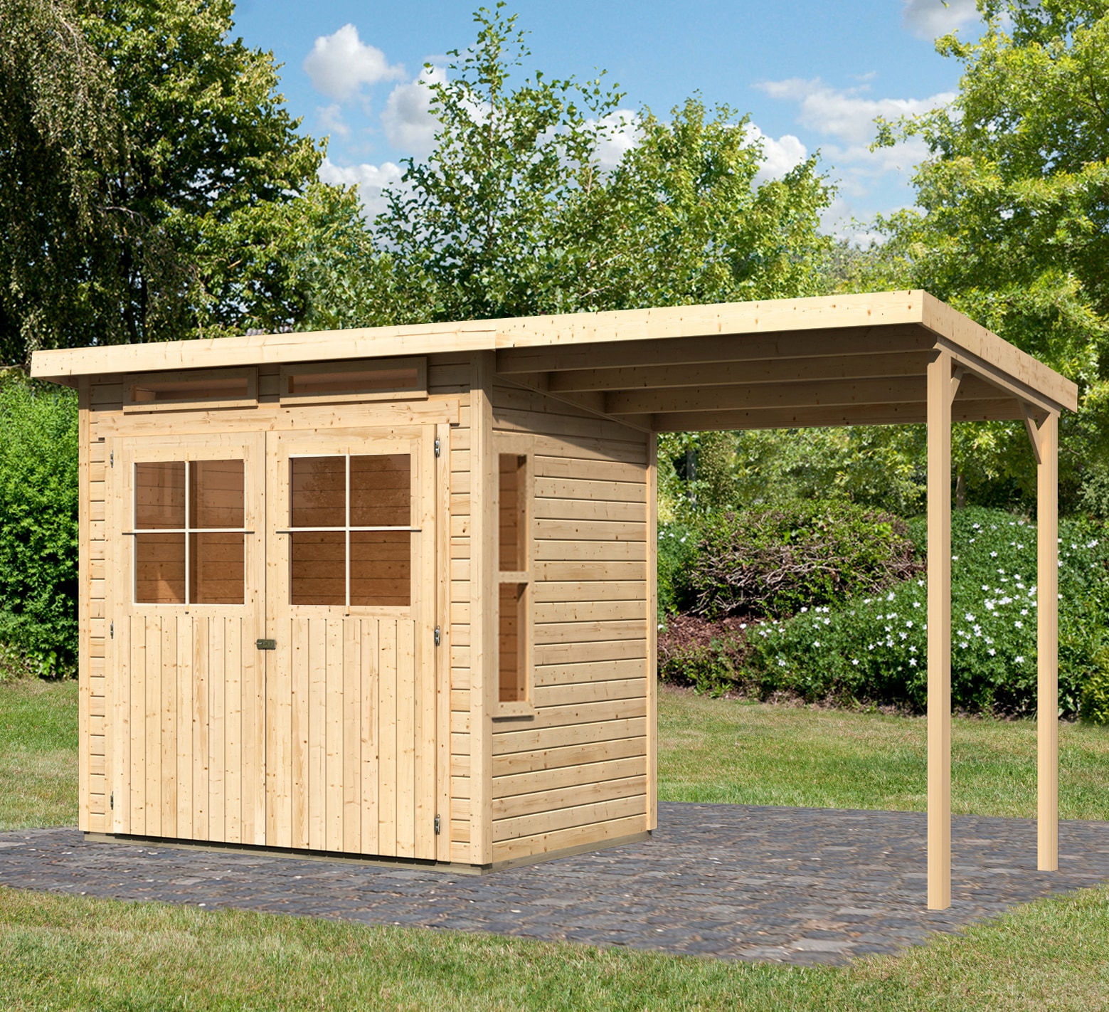 Gartenhaus KARIBU "Falkensee 2", beige (naturbelassen), ohne Fußboden, ohne Dacheindeckung, Holzwerkstoff, Gartenhäuser, Gartenhaus