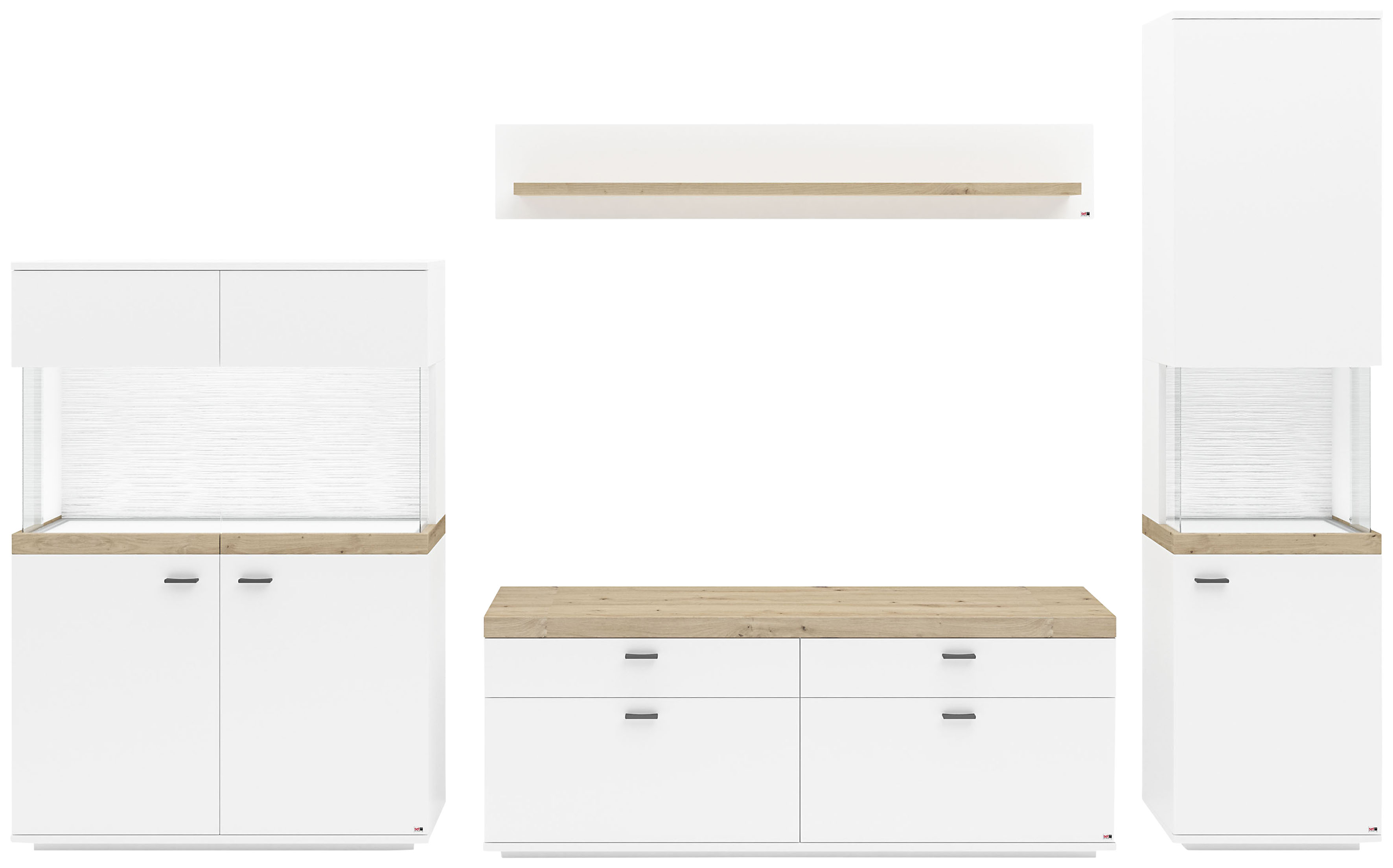 Wohnwand "Lancaster", weiß (weiß mit eiche artisan), B:320,3cm H:206,2cm T:43,6cm, SET ONE BY MUSTERRING, Kastenmöbel-Sets, 4-teilig mit Fronten in weiß oder grau, Breite ca.320cm