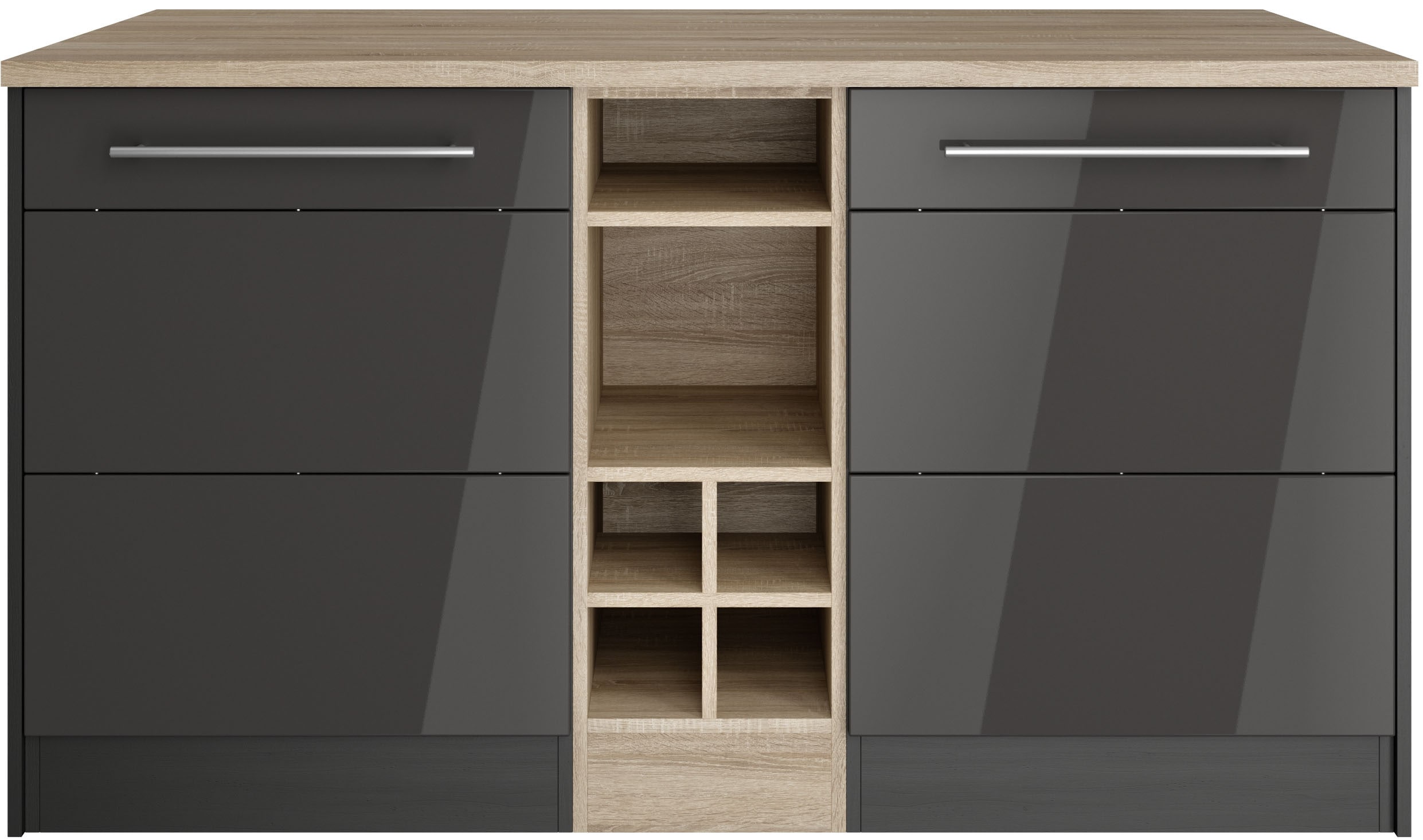 Kücheninsel KOCHSTATION "KS-Wien", grau (küche: grau, front: grau hochglanz, korpus: grafitgrau, arbeitsplatte: eiche sonoma), B:153cm H:85cm T:100cm, Komplettküchen-Sets, Küchenzeile, Breite 153 cm, MDF-Fronten, Flaschenregal Image