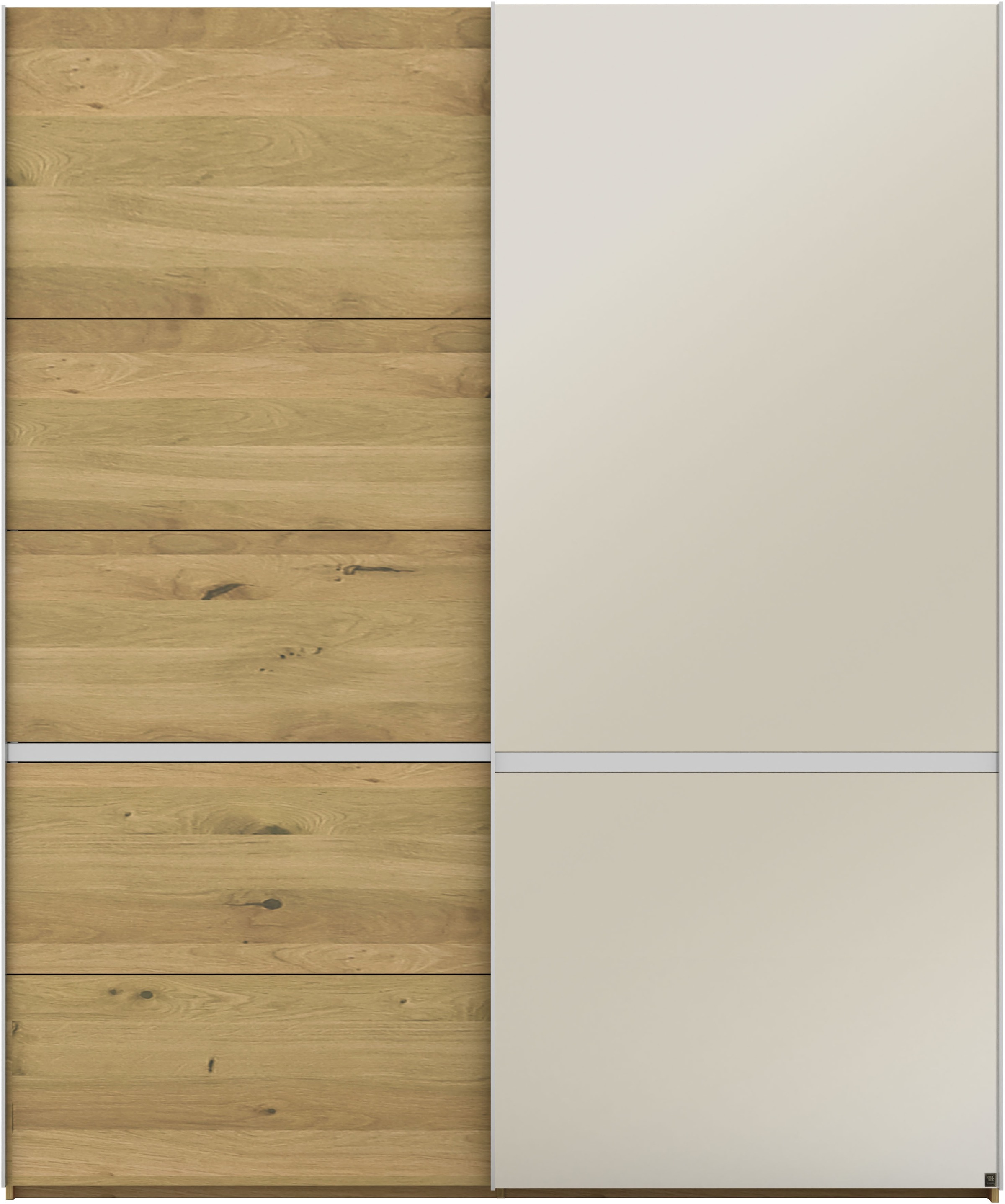 Schwebetürenschrank MUSTERRING "Savona, Kleiderschrank, Schrank, Garderobe, mit Schiebetüren", braun, B:200cm H:236cm, Schränke, Türen Bianco-Eiche massiv, Spiegel-/Glastüren, eingelegte Chromleiste