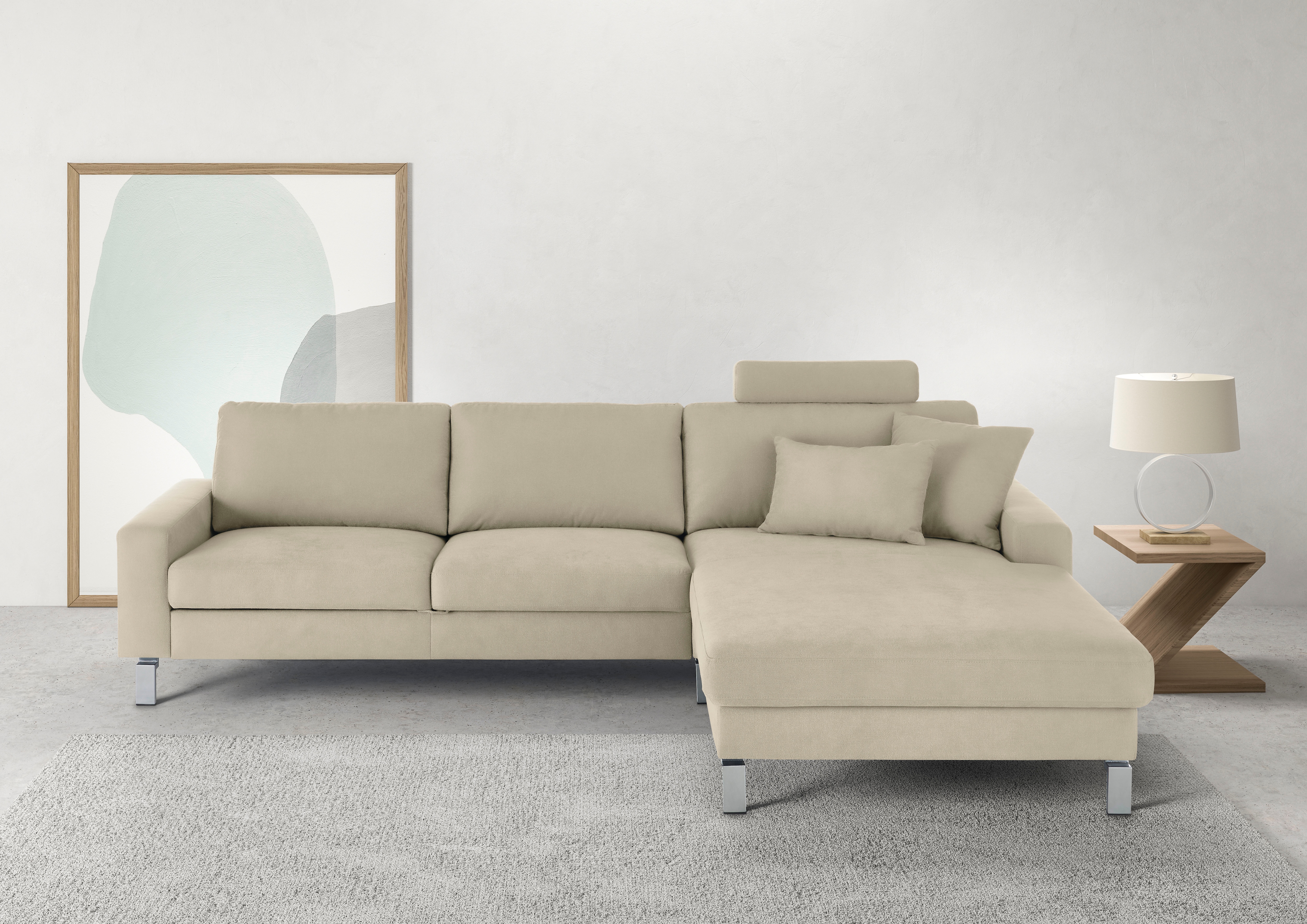 Ecksofa 3C CANDY "Lecce, wahlweise PUR-Schaumstoff oder Tonnentaschenfederkern", beige (natur), B:281cm H:86cm T:194cm, 100% Polyester, Sofas, Ecksofa, Bett im 2,5-Sitzer, teilmotorische Schlaffunktion im Longchair, L-Form