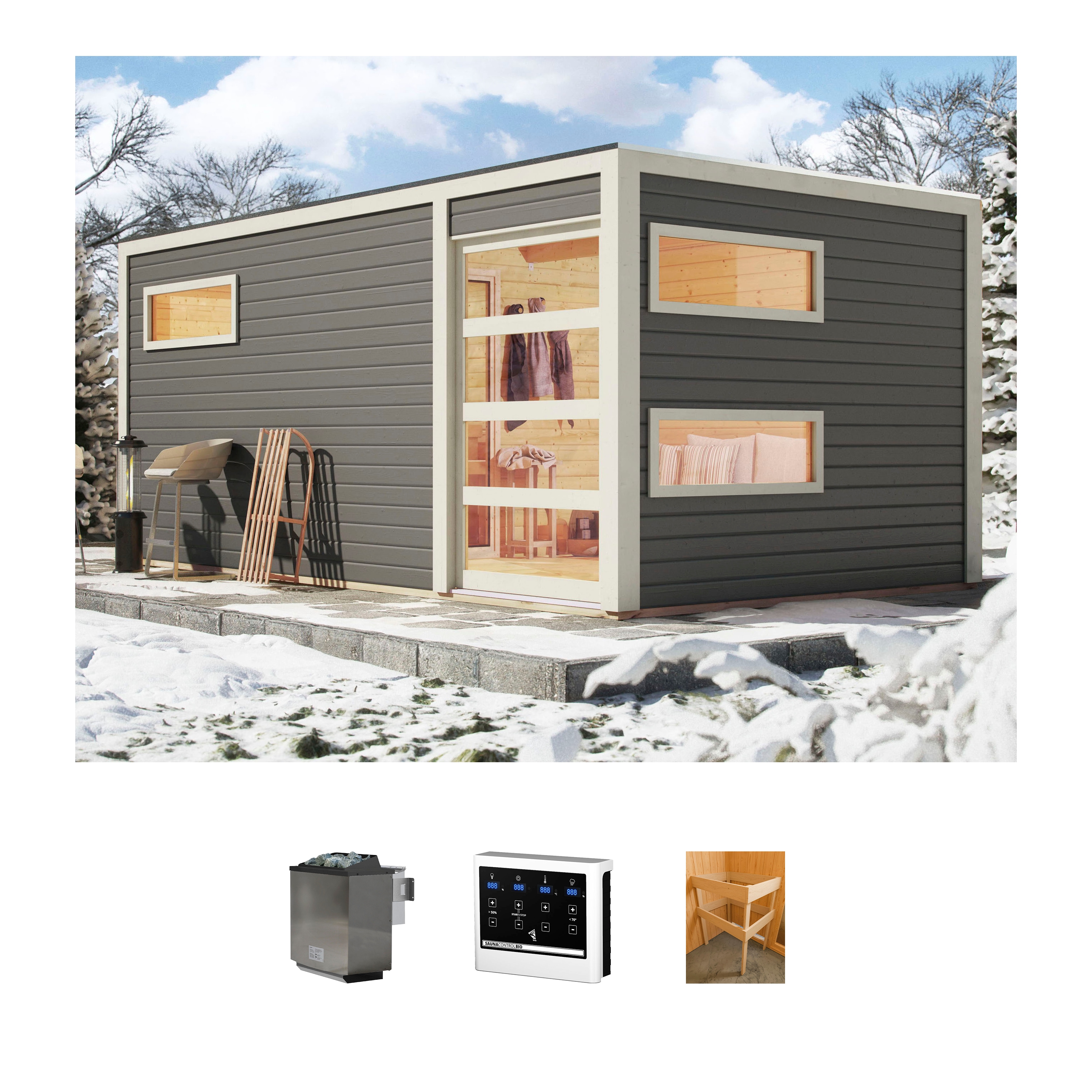 Saunahaus KONIFERA "Hagen", grau (terragrau), Bio-Ofen, externe Steuerung, 9 kW, Saunen, terragrau, mit Ofen 9 kW Bio externe Steuerung easy