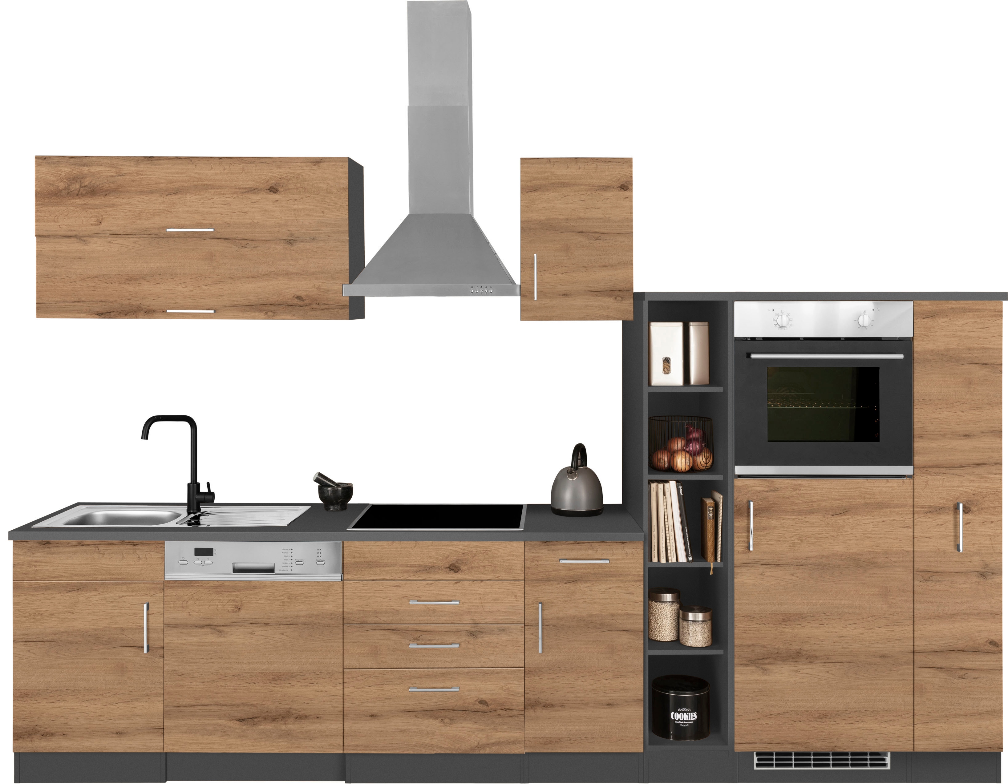 Küchenzeile KOCHSTATION "KS-Colmar", grau (küche: grau, korpus: grafitgrau, arbeitsplatte: anthrazit), B:330cm T:60cm, Komplettküchen-Sets, ohne E-Geräte, Breite 330 cm Image