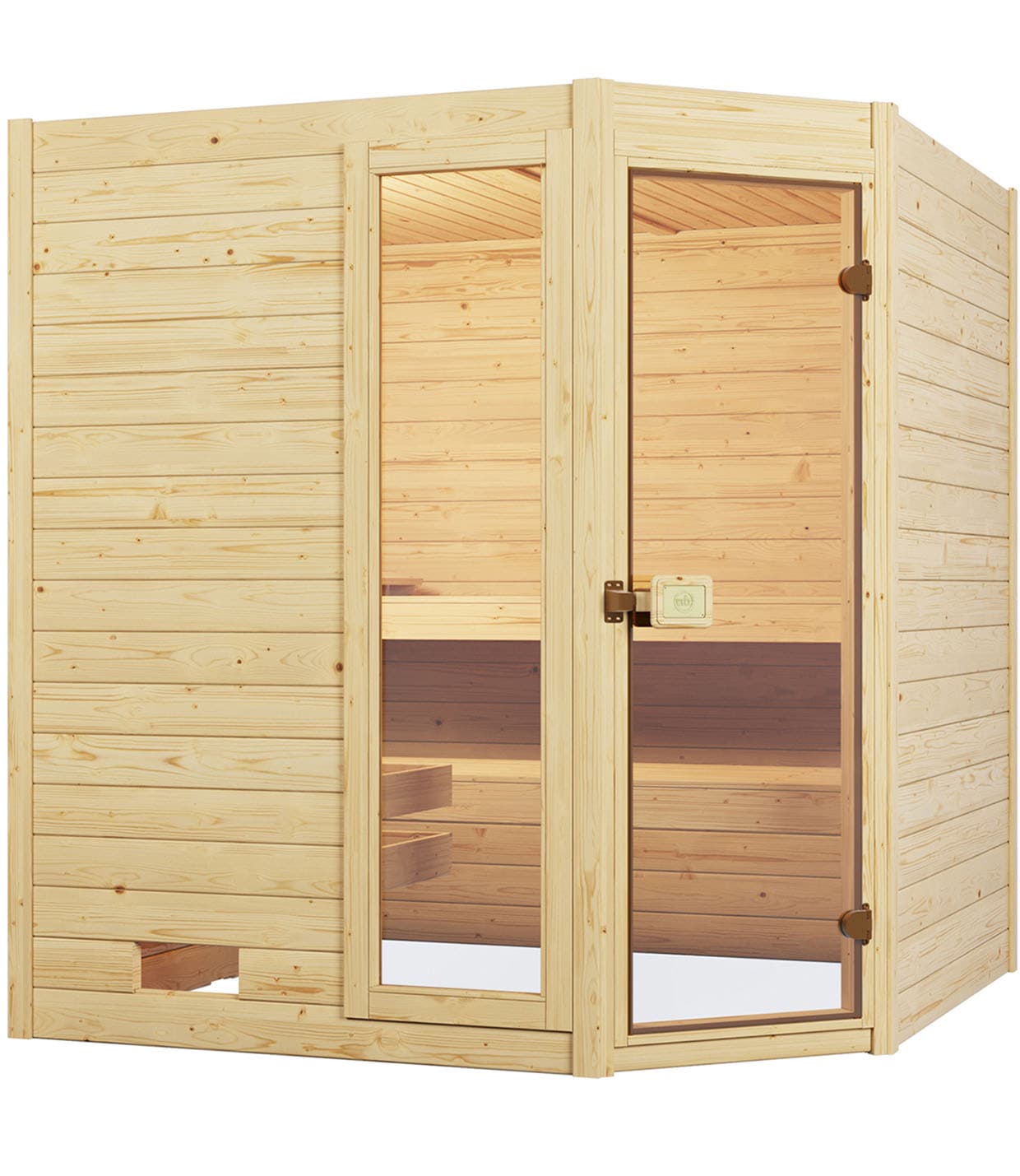 Sauna WEKA "Massivholzsauna VALIDA Eck 2", beige (natur), Saunaofen, integrierte Steuerung, 5,4 kW, Saunen, Blockbohlen, Fensterelement, moderne Ganzglastür