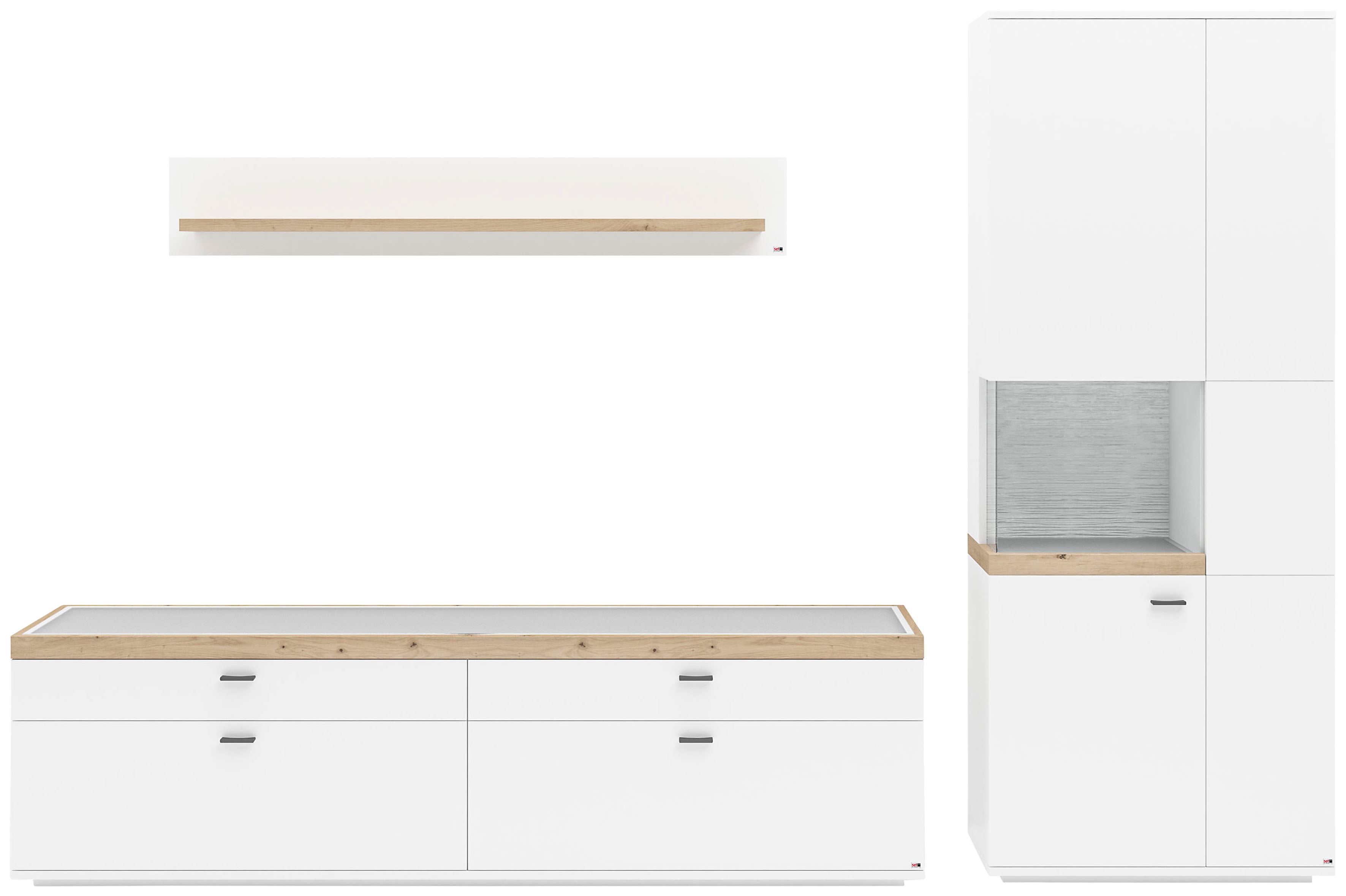 Wohnwand "Lancaster", weiß (weiß mit eiche artisan), B:300cm H:206,2cm T:43,6cm, SET ONE BY MUSTERRING, Kastenmöbel-Sets, 3-teilig mit Fronten in weiß oder grau, Breite ca. 300cm