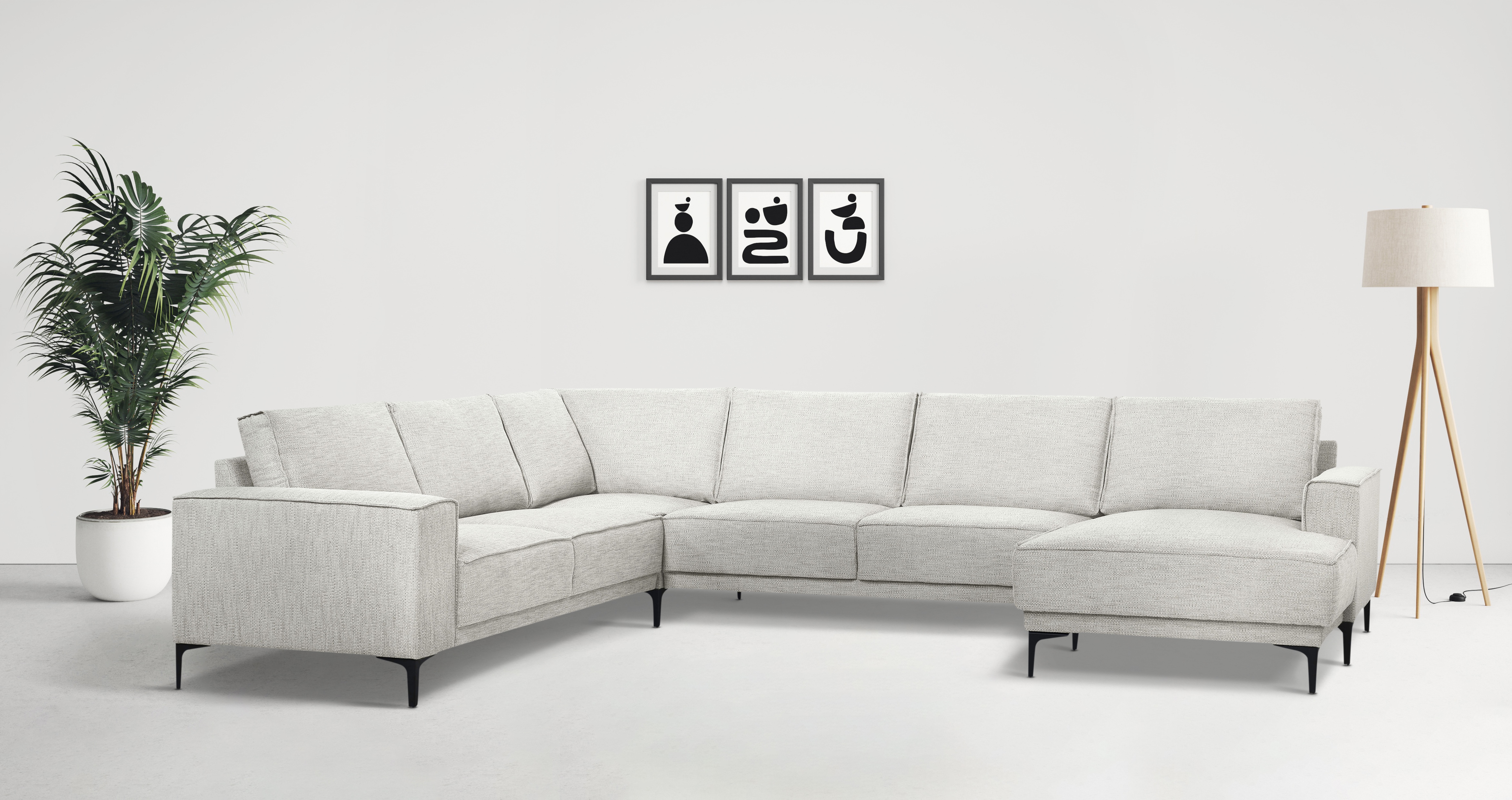 Wohnlandschaft OTTO HOME "XXL Sofa Oland, Struktur, Flachgewebe, Luxus-Microfaser, Boucle", braun (latte), B:342cm H:85cm T:260cm, 100% Polyester, Sofas, Wohnlandschaft, U-Form, 342 cm, Wellenunterfederung, Skandi-Design, Metallfüße