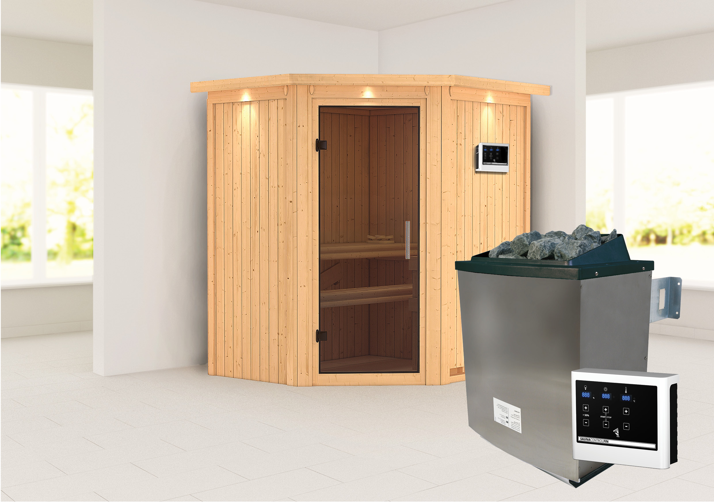 Sauna KARIBU "»Liyah« mit graphitfarbene Tür und Dachkranz", beige (naturbelassen), Saunaofen, externe Steuerung, (ohne Ofen), Saunen, in verschiedenen Ausführungen erhältlich Image