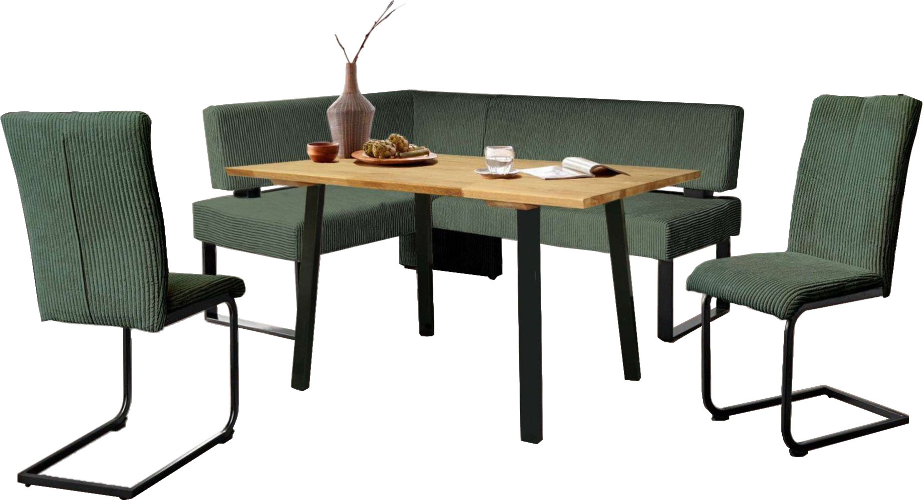 Eckbankgruppe HOME AFFAIRE "Oliver", blau (caneel bay, schwarz), B:220cm H:89cm T:160cm, FSC-zertifizierter Holzwerkstoff, FSC-zertifiziertes Massivholz, Metall, Polyester, Sitzmöbel-Sets, Eckbank mit Wellenunterfederung im Sitz, Tisch Massiv Eiche