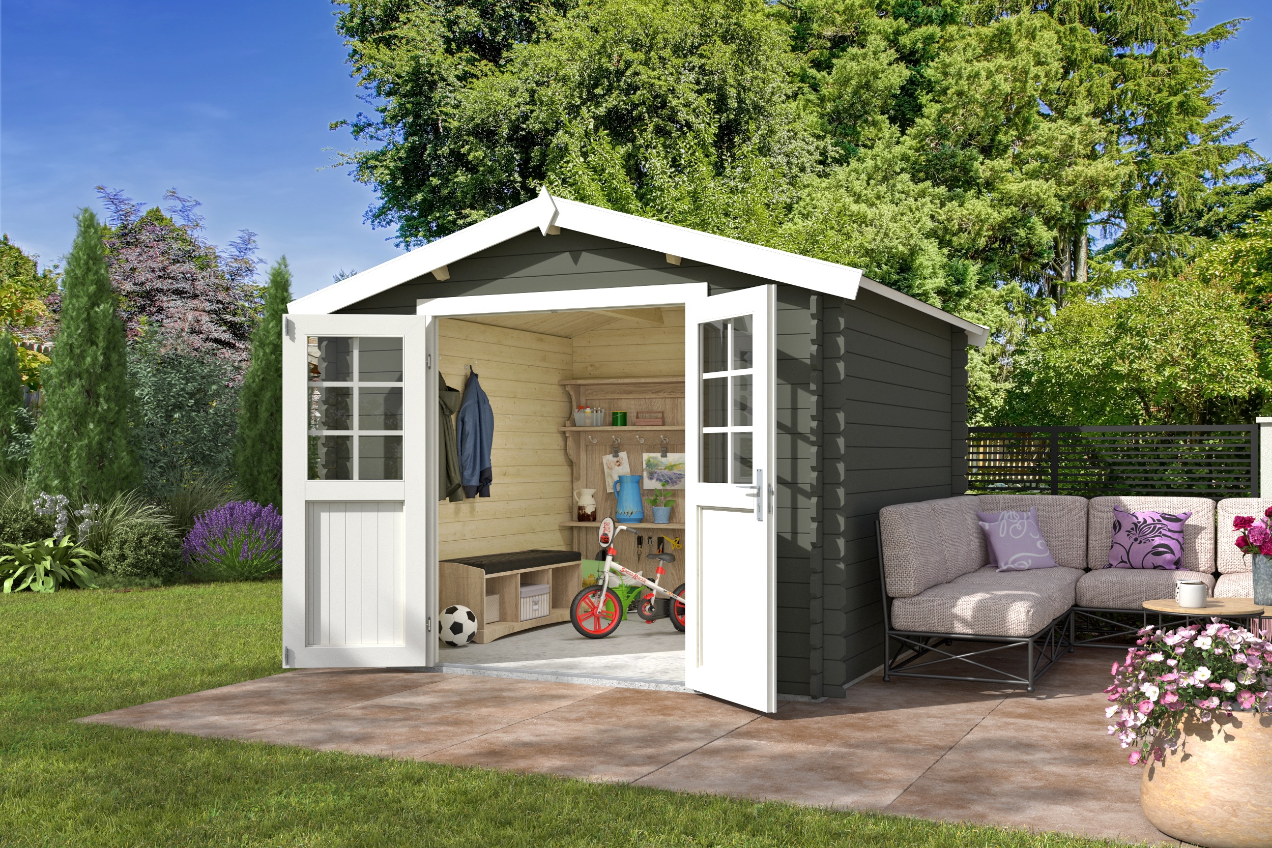 Gartenhaus NORDIC HOLZ "Norah 275", grün (grüngrau), ohne Fußboden, Massivholzdach, Holz, Gartenhäuser