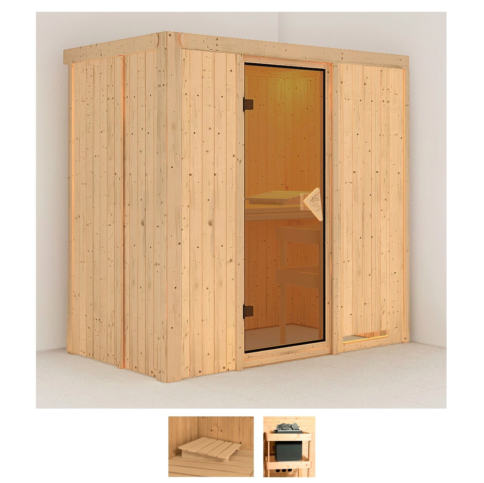 Sauna KARIBU "Vada", beige (naturbelassen), ohne Ofen, (ohne Ofen), Saunen, ohne Ofen Image
