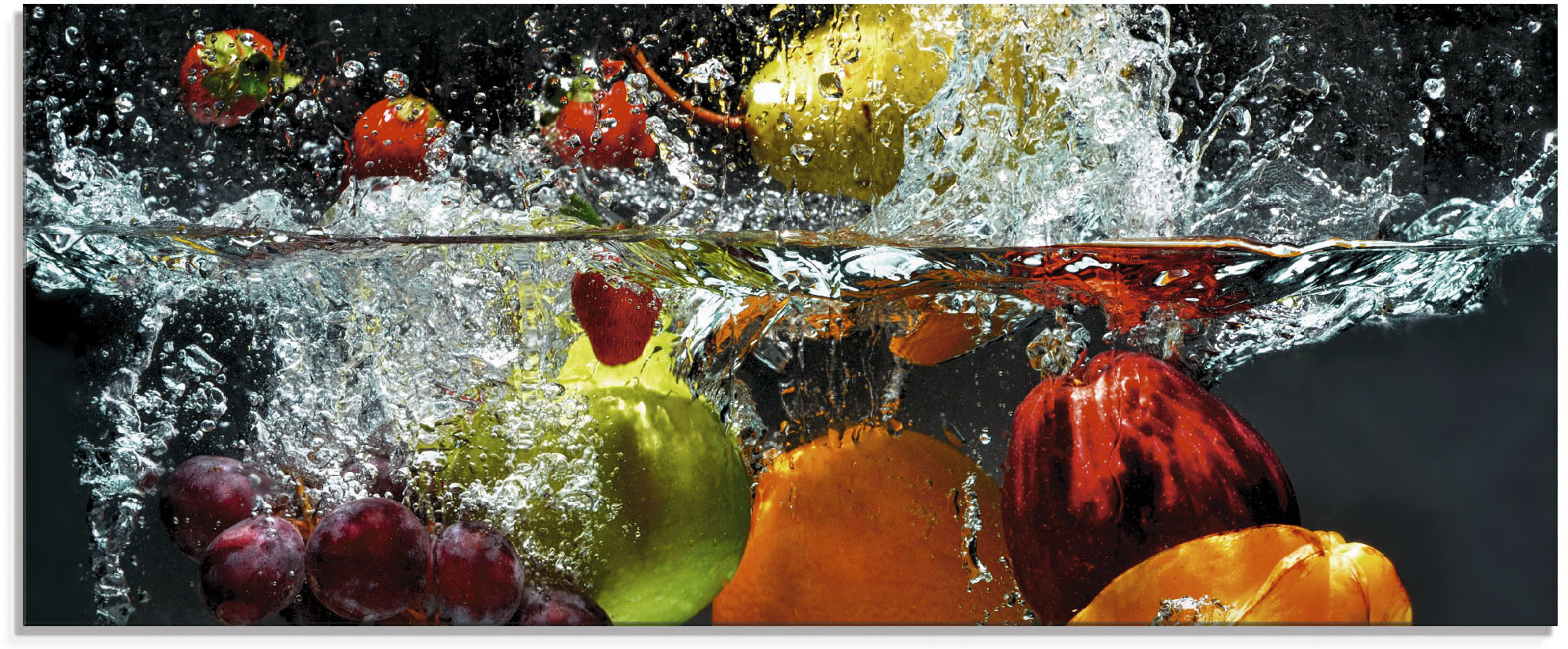 Glasbild ARTLAND "Spritzendes Obst auf dem Wasser", bunt (farbe bild(er): bunt), B:125cm H:50cm, Bilder, in verschiedenen Größen Image