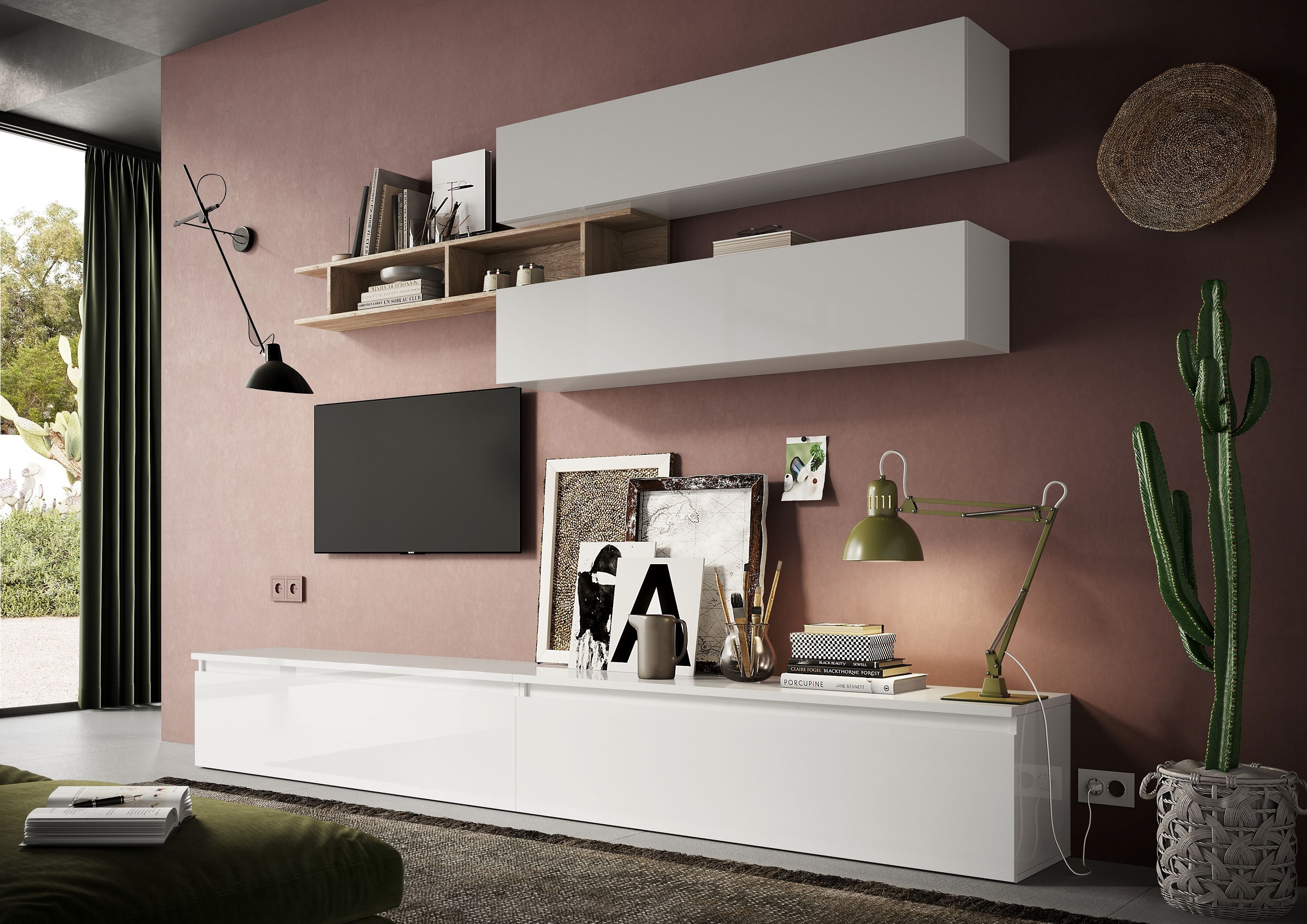 Wohnwand INOSIGN "Infinity, 5tlg. Breite 276 cm, Höhe variabel, Schrankwand, Anbauwand", weiß (weiß hochglanz lack, eiche cadiz nb), B:276cm H:190cm T:40cm, Holzwerkstoff, Kastenmöbel-Sets, Wohnwand, (2x Lowboard, 2x Hängeschrank, Wandregal)