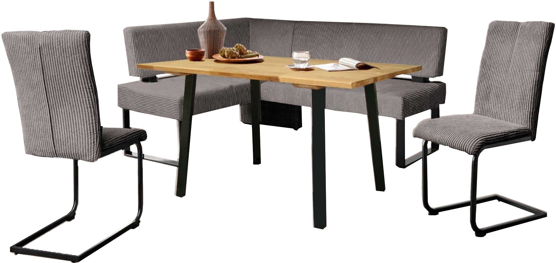 Eckbankgruppe OTTO HOME "Oliver", grau (volcanic, schwarz), B:220cm H:89cm T:160cm, FSC-zertifizierter Holzwerkstoff, FSC-zertifiziertes Massivholz, Metall, Polyester, Sitzmöbel-Sets, Eckbankgruppe, Eckbank mit Wellenunterfederung im Sitz, Tisch...