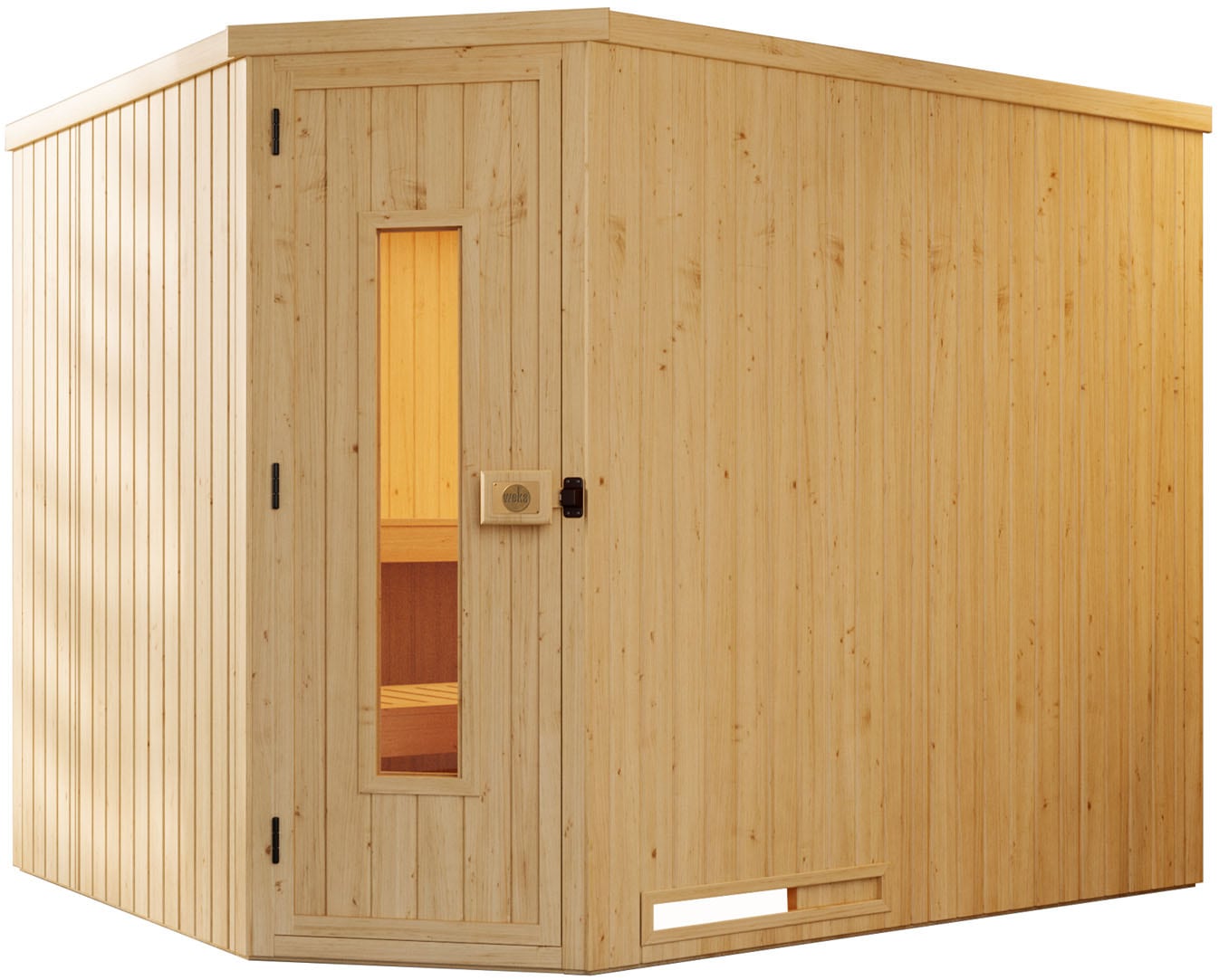 Sauna WEKA "Element-Ecksauna VARBERG 4", beige (natur), Saunaofen, externe Steuerung, 7,5 kW, Saunen, vorgefertigte Elemente, isolierte Holztür Image