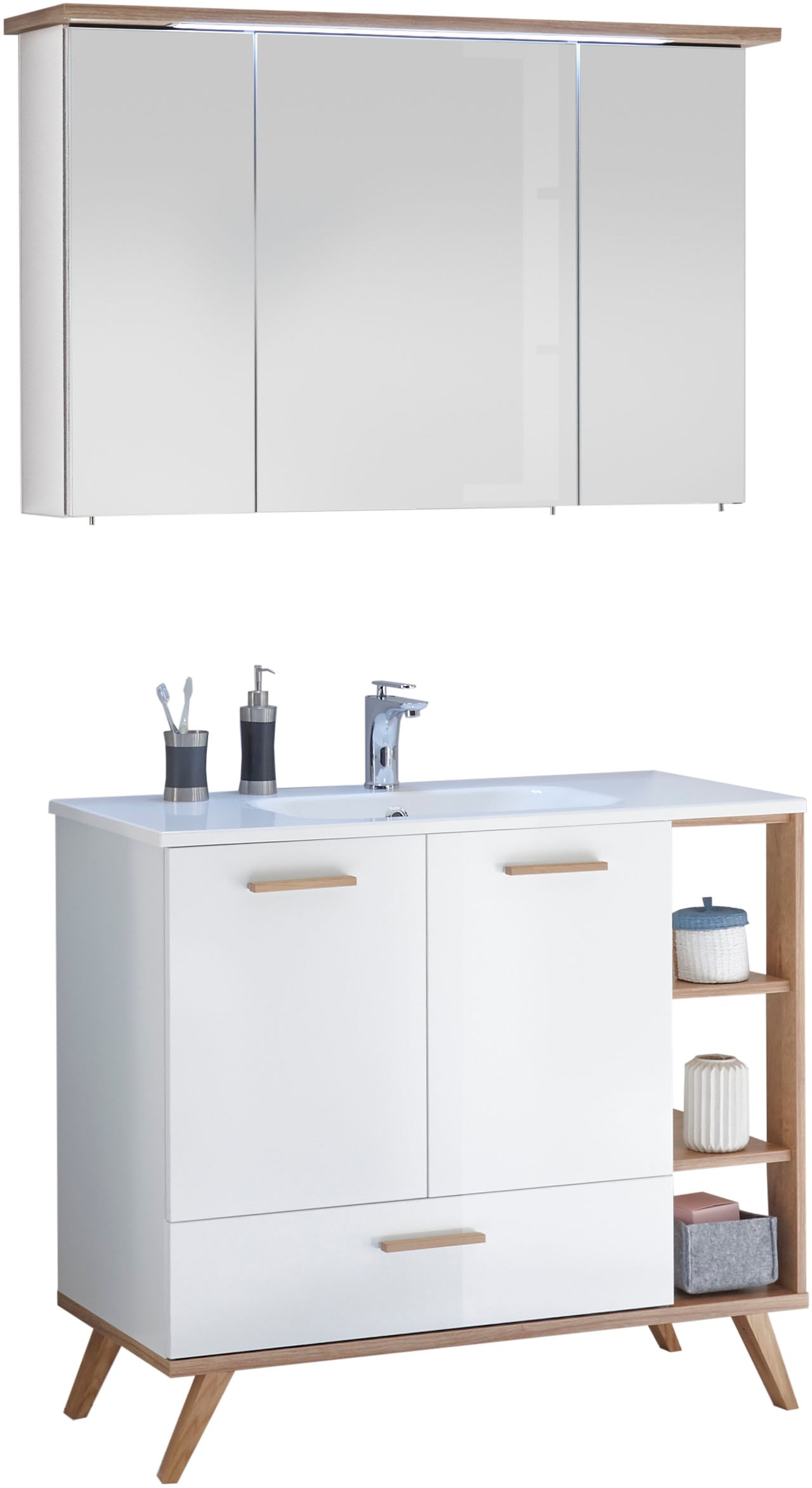 Badmöbel-Set SAPHIR "Quickset Mineralmarmor-Waschtisch mit LED-Spiegelschrank", weiß (front weiß glanz, front weiß glanz, riviera eiche quer nb), B:115cm T:46cm, Glas, Spanplatte, Kastenmöbel-Sets, Waschplatz 115 cm breit, 5 Türen, 1 Schublade,... Image
