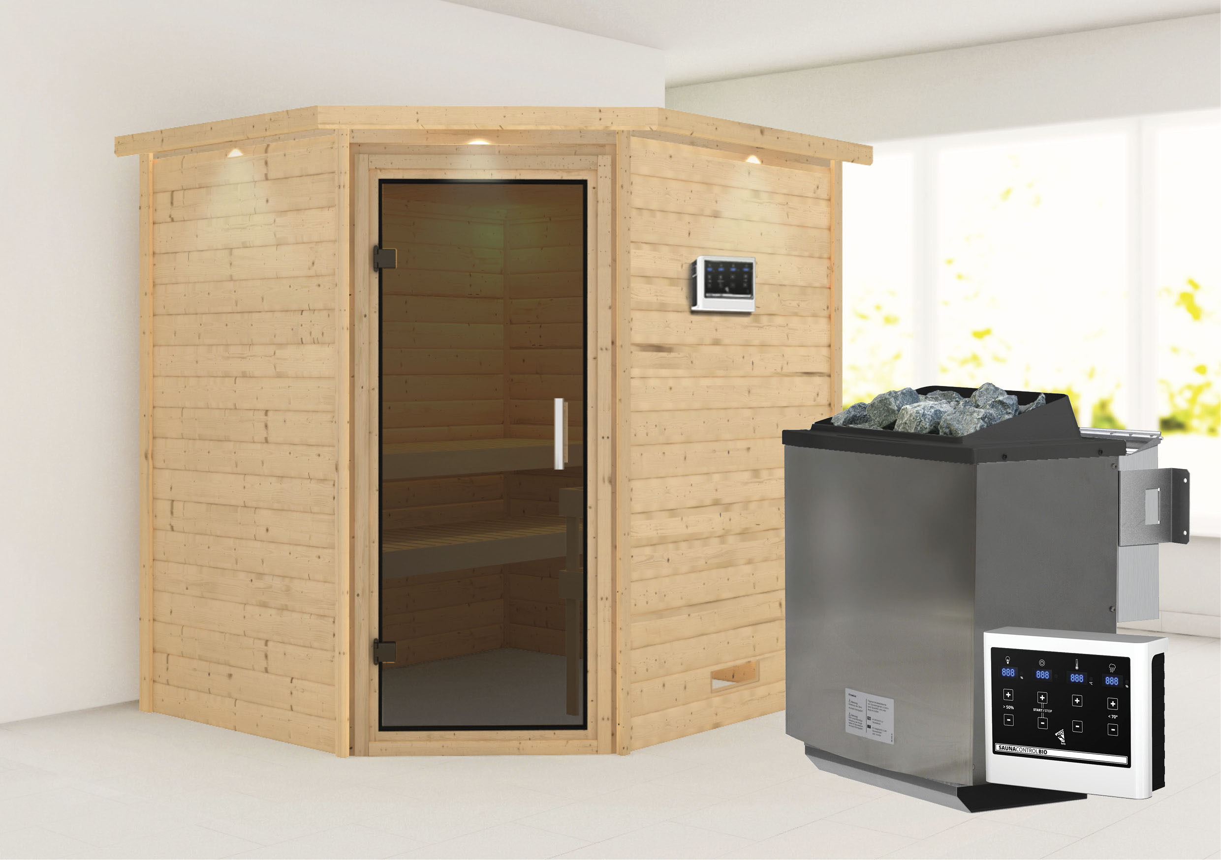 Sauna KARIBU "Mia (Fronteinstieg)", beige (naturbelassen), (ohne Ofen), Saunen, inklusive Ofenschutzgitter und Tür Image