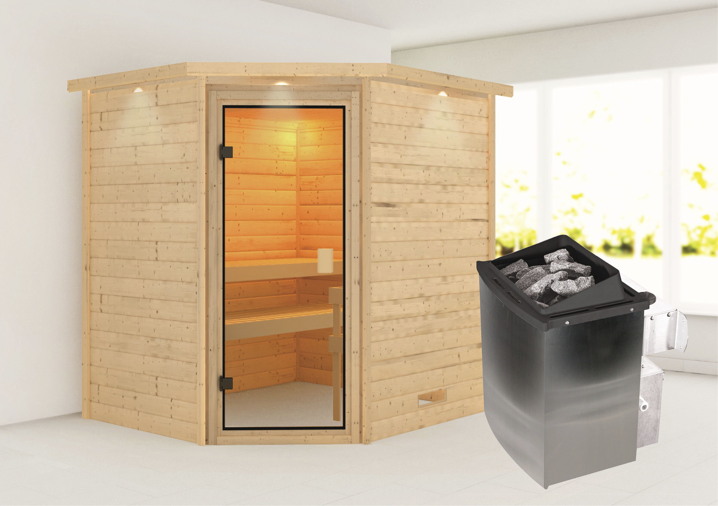 Sauna KARIBU "Mia (Fronteinstieg)", beige (naturbelassen), (ohne Ofen), Saunen, Ofen 9 kW integr. Strg