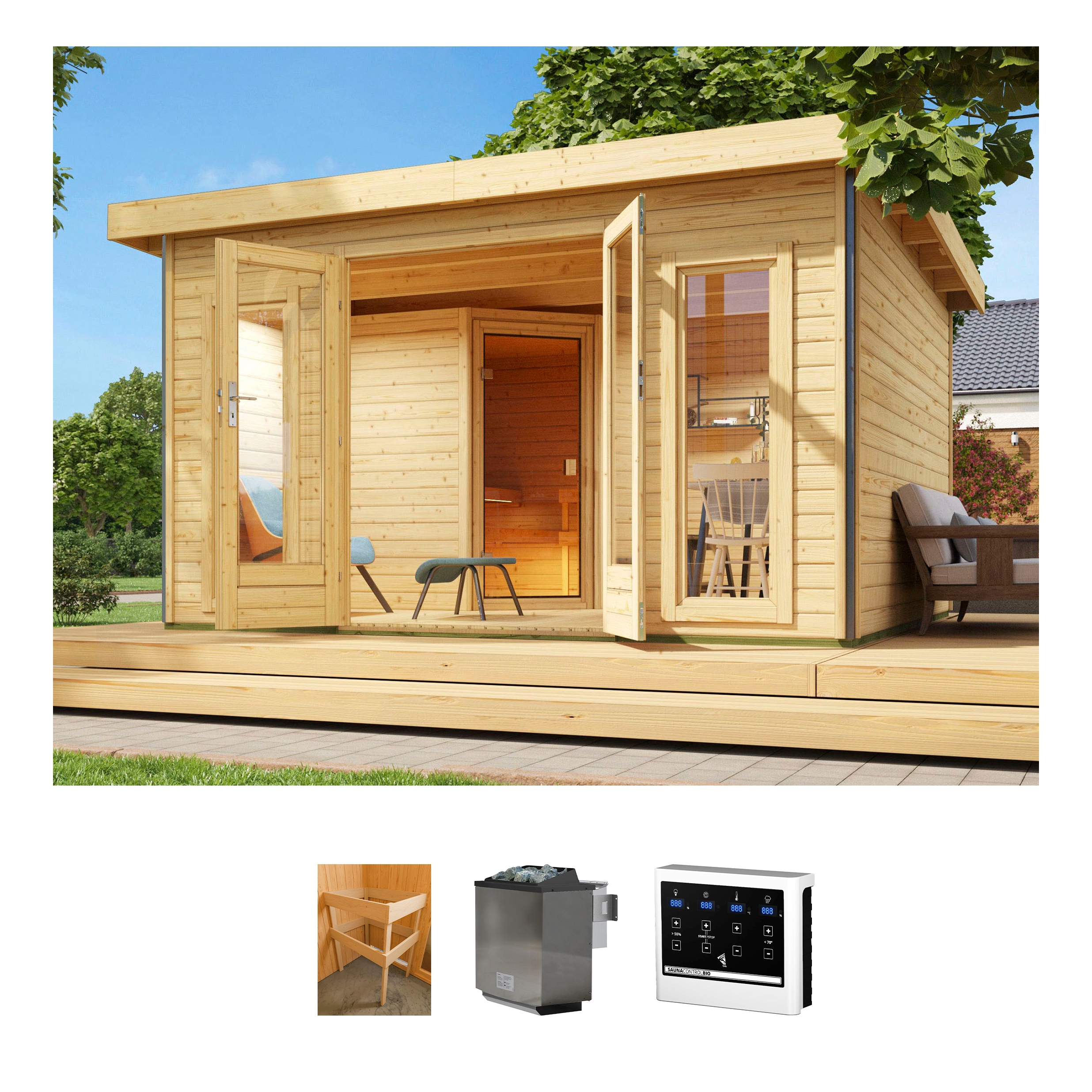 Saunahaus KONIFERA "Maiko 3", beige (natur), Bio-Ofen, externe Steuerung, 9 kW, Saunen, naturbelassen, mit Ofen 9 kW Bio ext. Steuerung Image