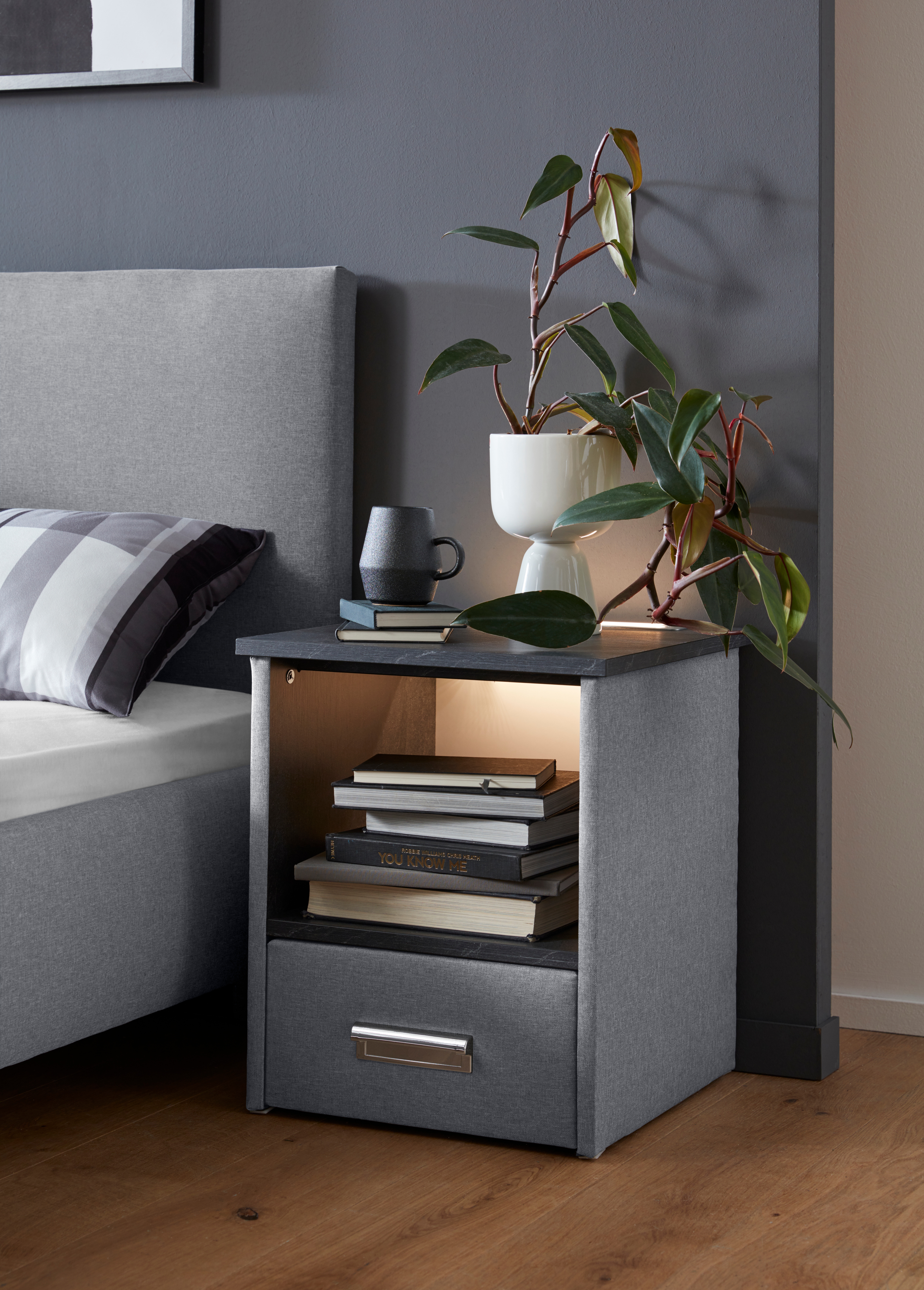 Nachtkonsole "Brilon", grau (grau, schieferoptik anthrazit), B:45cm H:53cm T:45cm, Holzwerkstoff, WESTFALIA SCHLAFKOMFORT, Sideboards, wahlweise mit indirekter LED-Beleuchtung Image