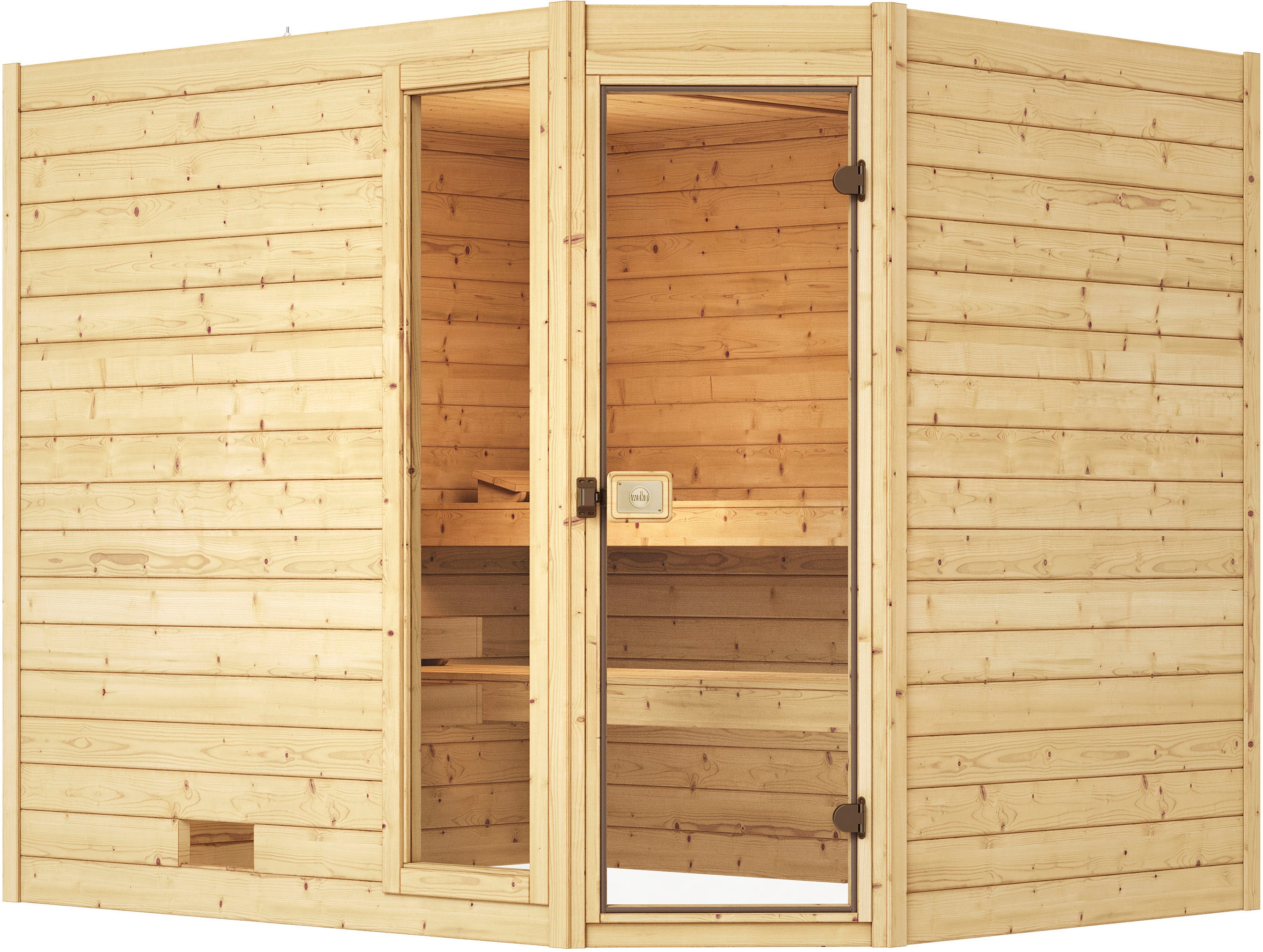 Sauna WEKA "Massivholzsauna VALIDA Eck 3", beige (natur), Saunaofen, externe Steuerung, 9 kW, Saunen, Blockbohlen, Fensterlement, moderne Ganzglastür