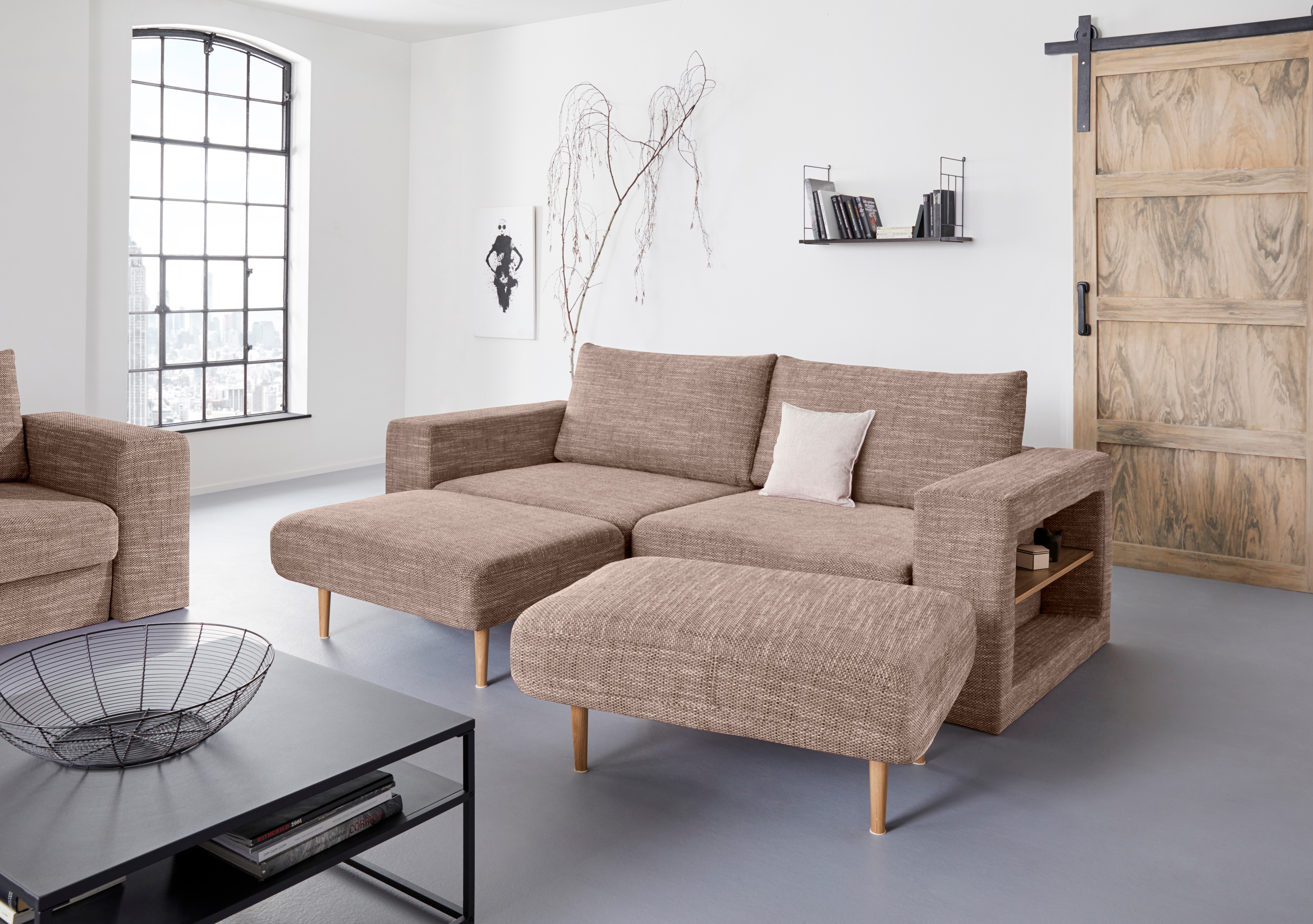 4-Sitzer "Looksvb", beige (beige, braun), B:252cm H:96cm T:107cm, LOOKS BY WOLFGANG JOOP, Sofas, Verwandlungssofa: aus Sofa wird Sofa mit 2 Hockern, mit Regalfunktion