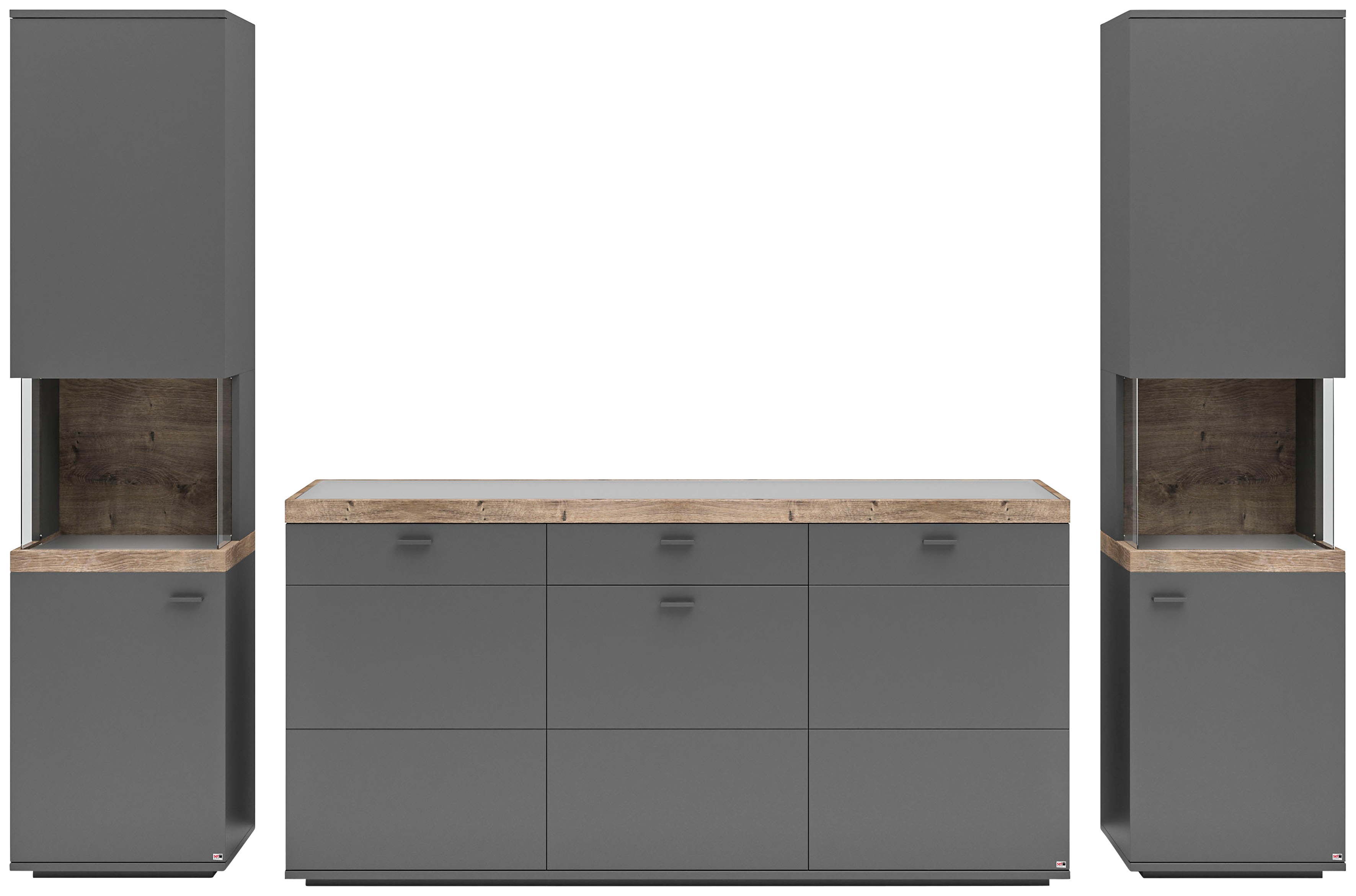 Wohnwand "Lancaster", grau (grau mit eiche ribbeck cognac), B:300cm H:206,2cm T:43,6cm, SET ONE BY MUSTERRING, Kastenmöbel-Sets, 3-teilig mit Fronten in weiß oder grau, Breite ca.300cm