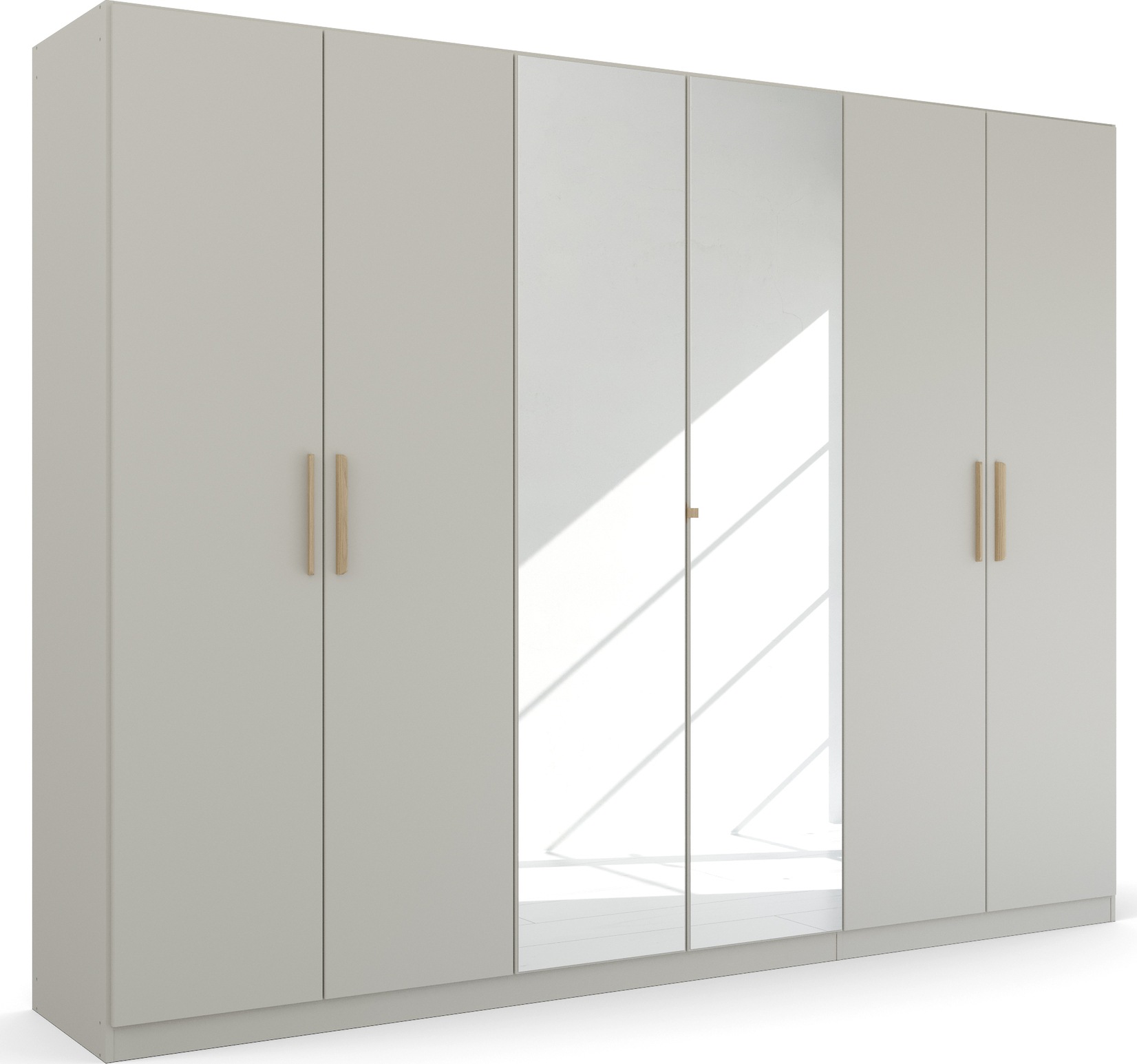 Kleiderschrank RAUCH "Skandi by Quadra Spin Schlafzimmerschrank", grau (seidengrau), B:271cm H:210cm T:54cm, Holzwerkstoff, Schränke, Kleiderschrank, im Landhaus-Stil mit Massivholzgriffen, vollflächige SpiegeltÜren