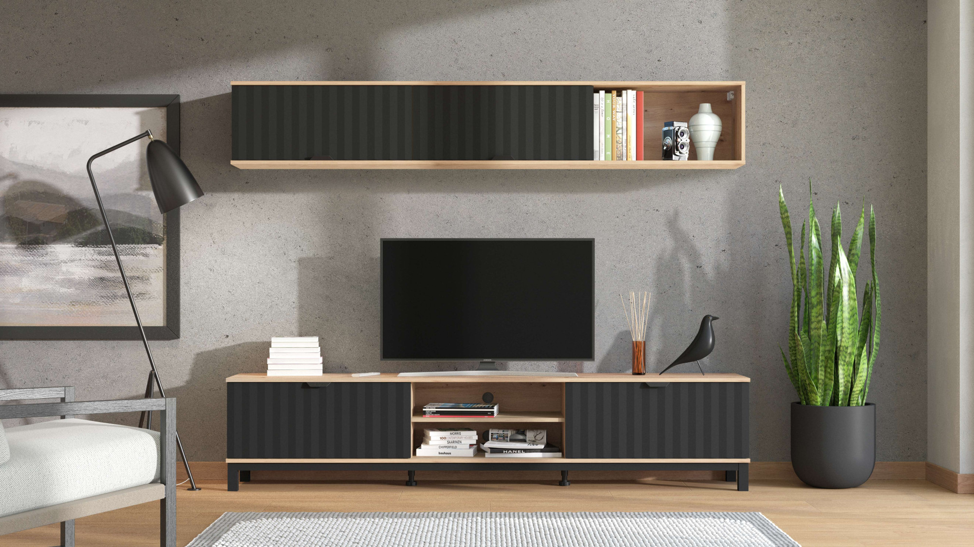 Wohnwand INOSIGN "Monaco inkl. TV- Board und Wandregal", schwarz (schwarz matt foil), B:218cm H:200cm T:40cm, Hartfaserplatte, MDF, Spanplatte, Kastenmöbel-Sets, Wohnwand, 218 cm, Trendfarben, Front in 3D-Optik