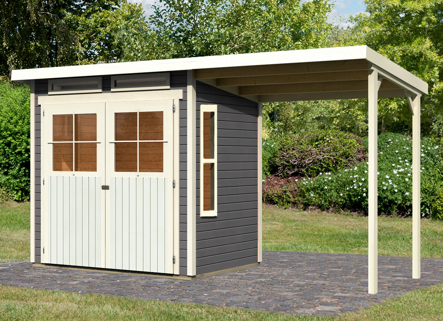 Gartenhaus KARIBU "Falkensee 2", grau (terragrau, elfenbeinfarben, naturbelassen), ohne Fußboden, ohne Dacheindeckung, Holzwerkstoff, Gartenhäuser, Gartenhaus