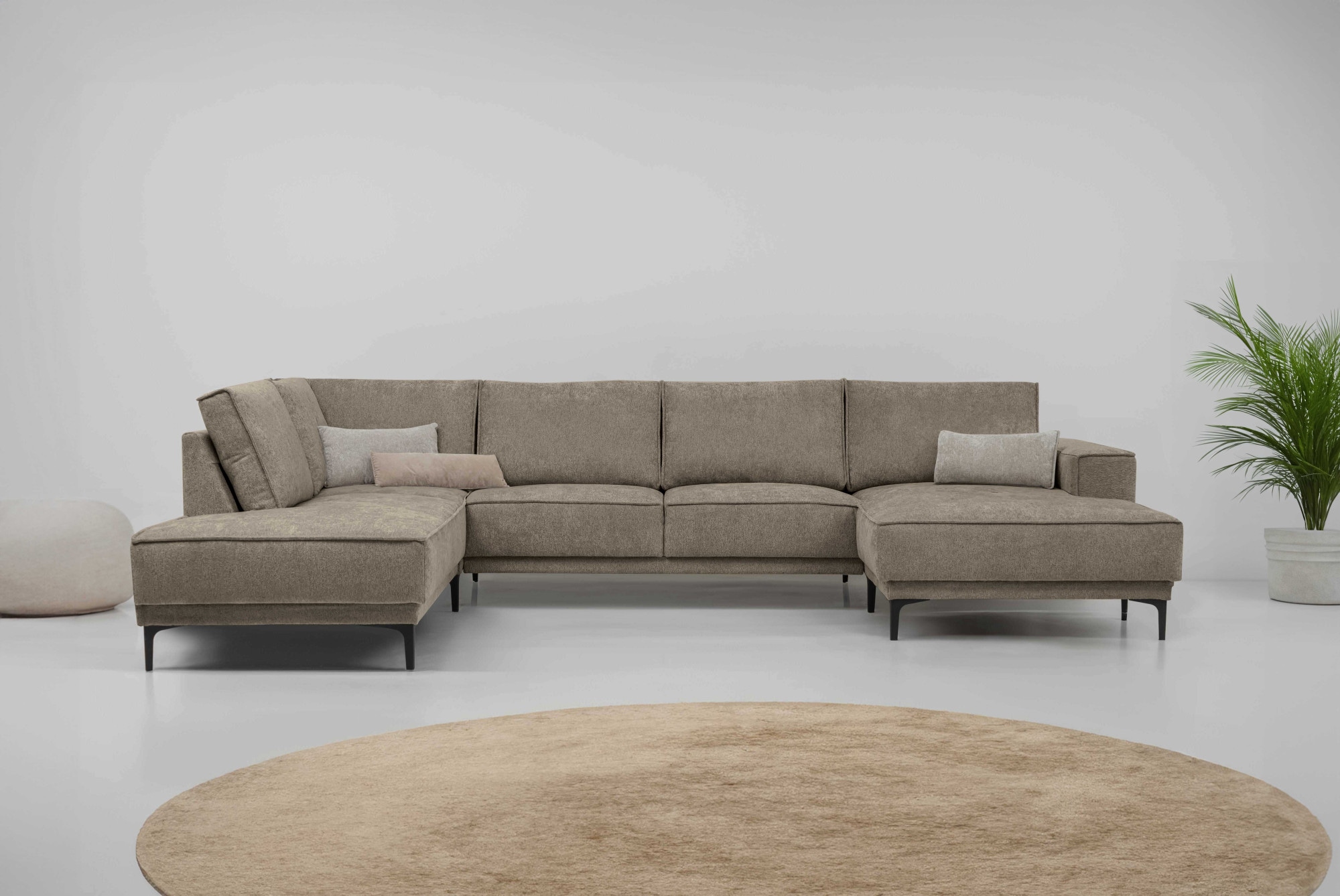 Wohnlandschaft OTTO HOME "XXL Sofa Oland, Struktur, Flachgewebe, Luxus-Microfaser, Boucle", braun, B:345cm H:85cm T:210cm, 100% Polyester, Sofas, U-Form, 345 cm, Wellenunterfederung, Skandi-Design, Metallfüße