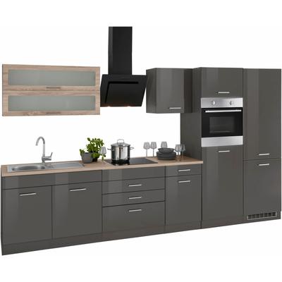 Küchenzeile KOCHSTATION "KS-Utah", grau (front: grau hochglanz, korpus: graphit, arbeitsplatte: eiche sonoma), B:350cm T:60cm, Komplettküchen-Sets, ohne E-Geräte, Breite 350 cm Image