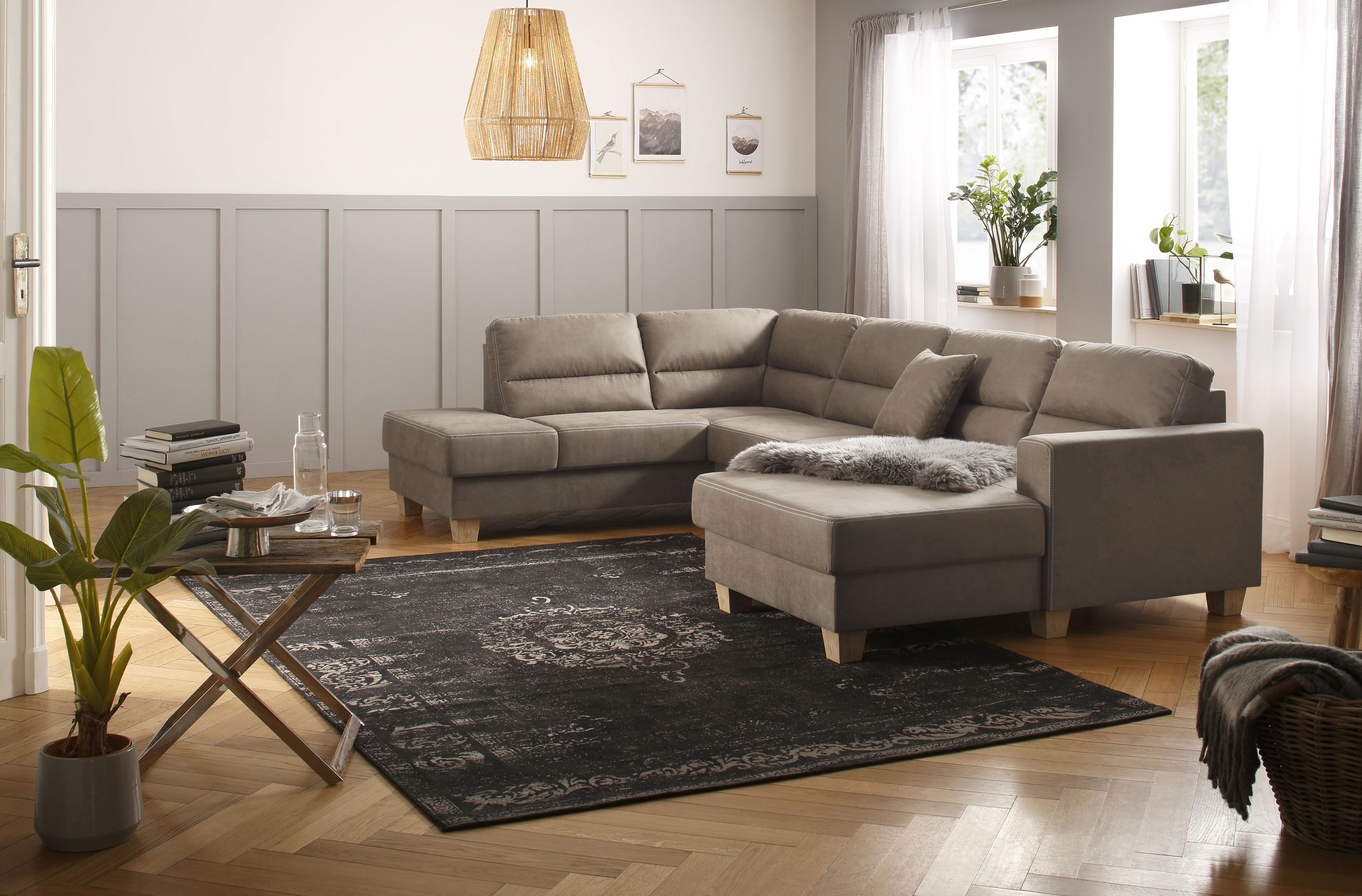 Wohnlandschaft HOME AFFAIRE "Navan, komfortabel mit viel Platz, U-Form", beige, B:313cm H:85cm, Sofas, Wohnlandschaft, wahlweise mit Bettfunktion und Kopfstütze