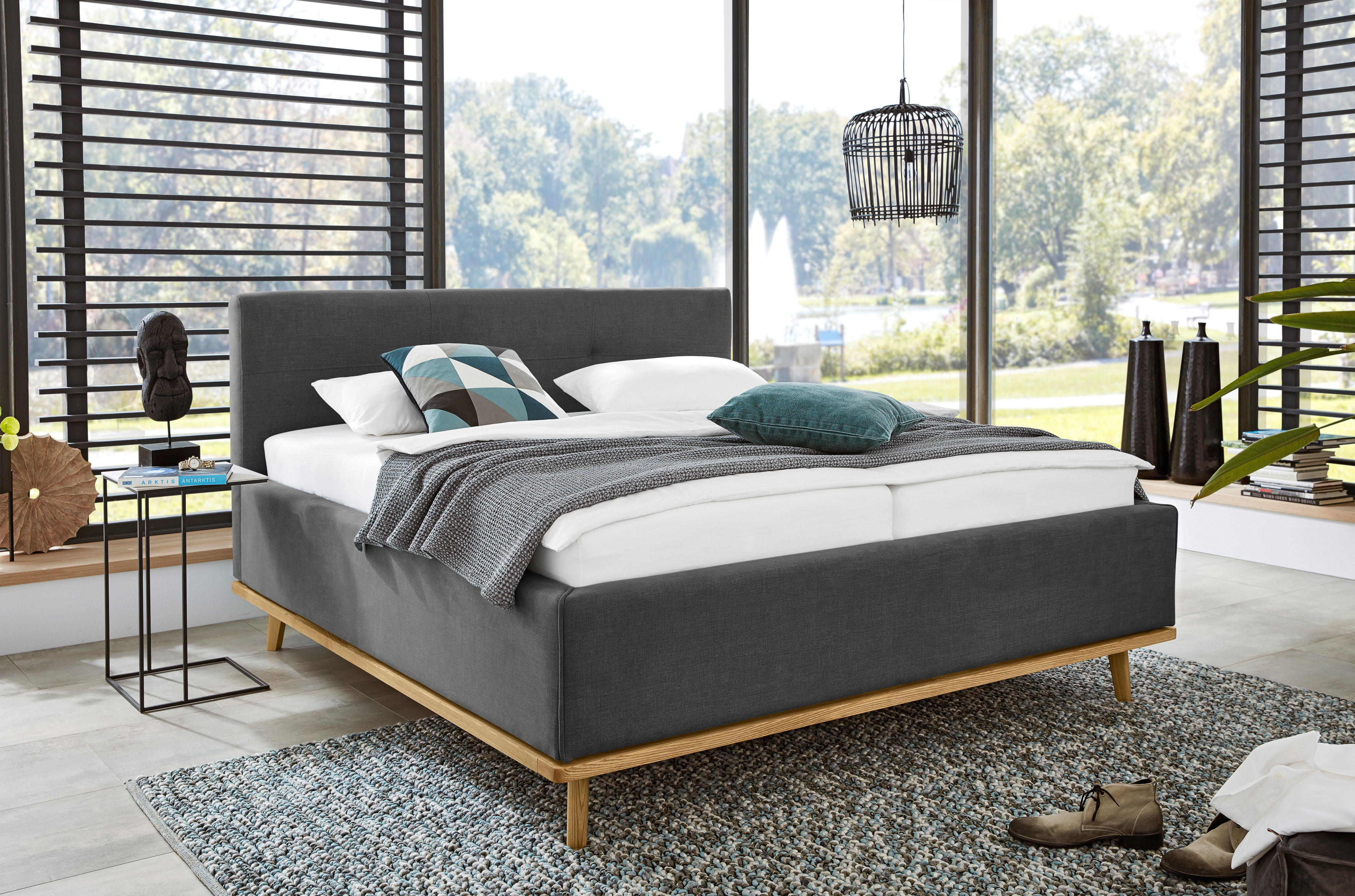 Polsterbett MUSTERRING "Delphi", grau (anthrazit, anthrazit), B:178cm L:221cm, Stoffbezug Stone (100% Polyester), Betten, Eicherahmen massiv, Kopfteil mit Steppung Image