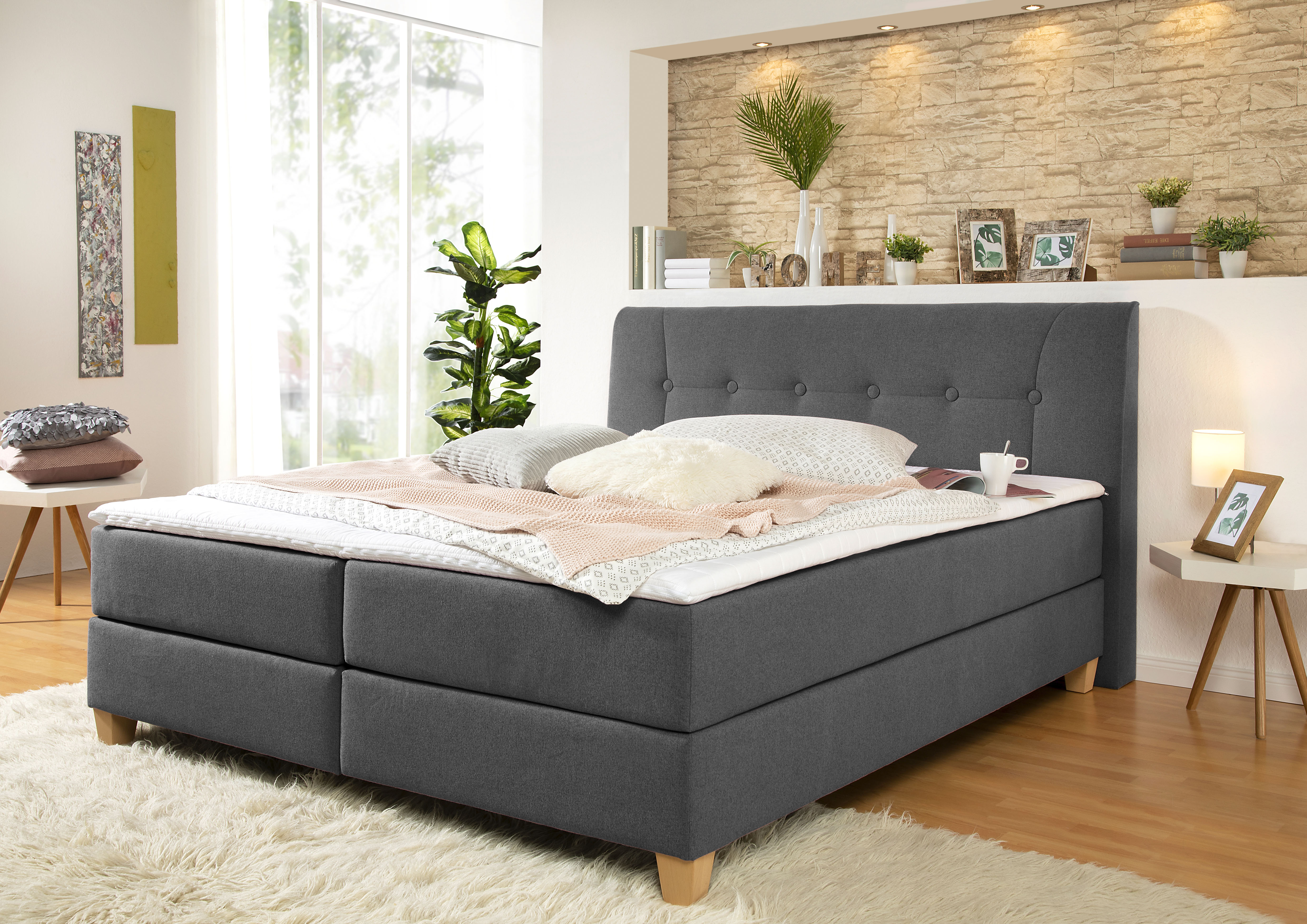 Boxspringbett HOME AFFAIRE "Calloway", grau (anthrazit), B:168cm L:238cm, Komplettbetten, Boxspringbett, inkl. Topper, XXL-Ausführung, in 4 Farben, 5 Breiten, 3 Matratzenarten Image