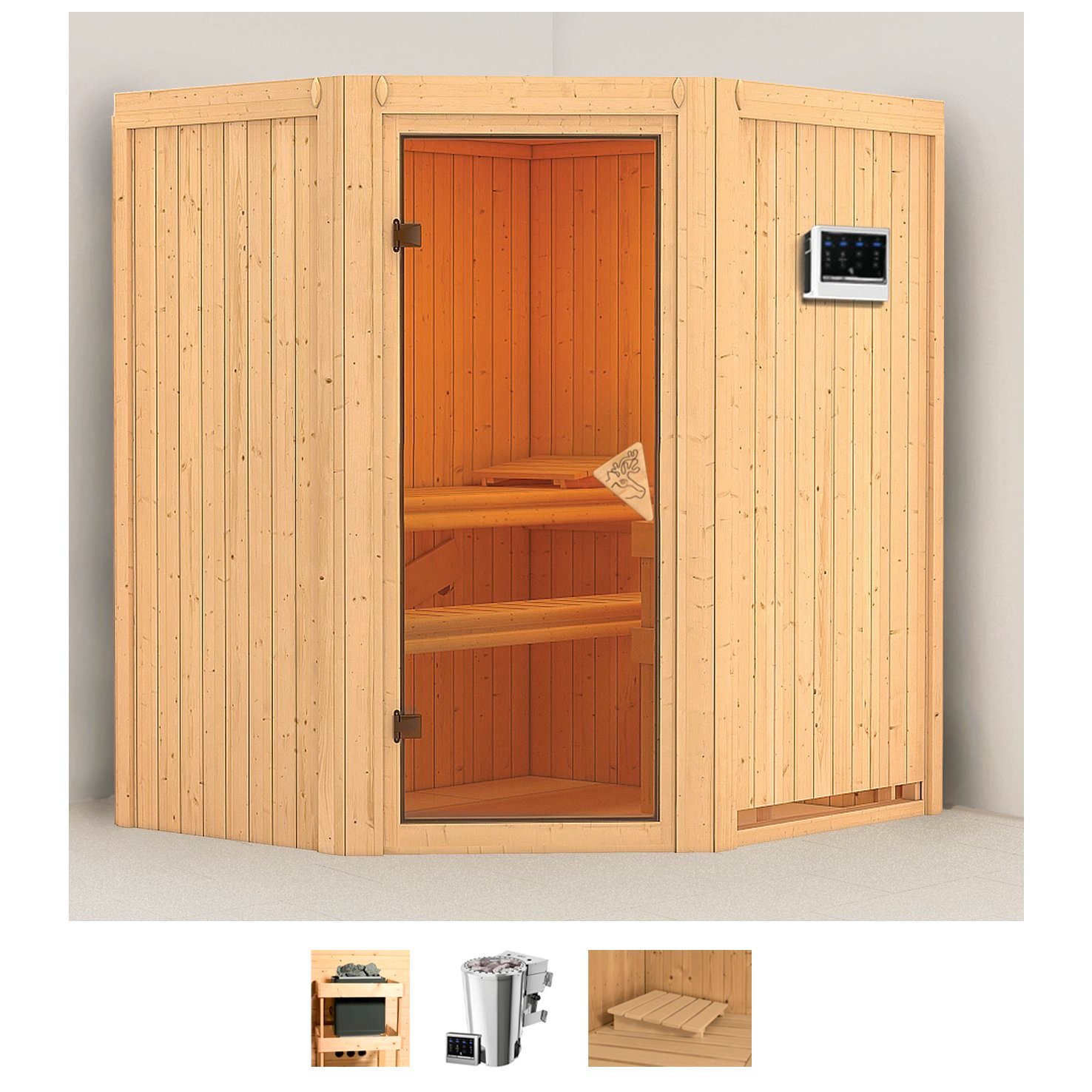 Sauna KARIBU "Tomke", beige (naturbelassen), Bio-Kombiofen, externe Steuerung, 3,6 kW, Saunen, 3,6-kW-Bio-Plug & Play Ofen mit externer Steuerung Image