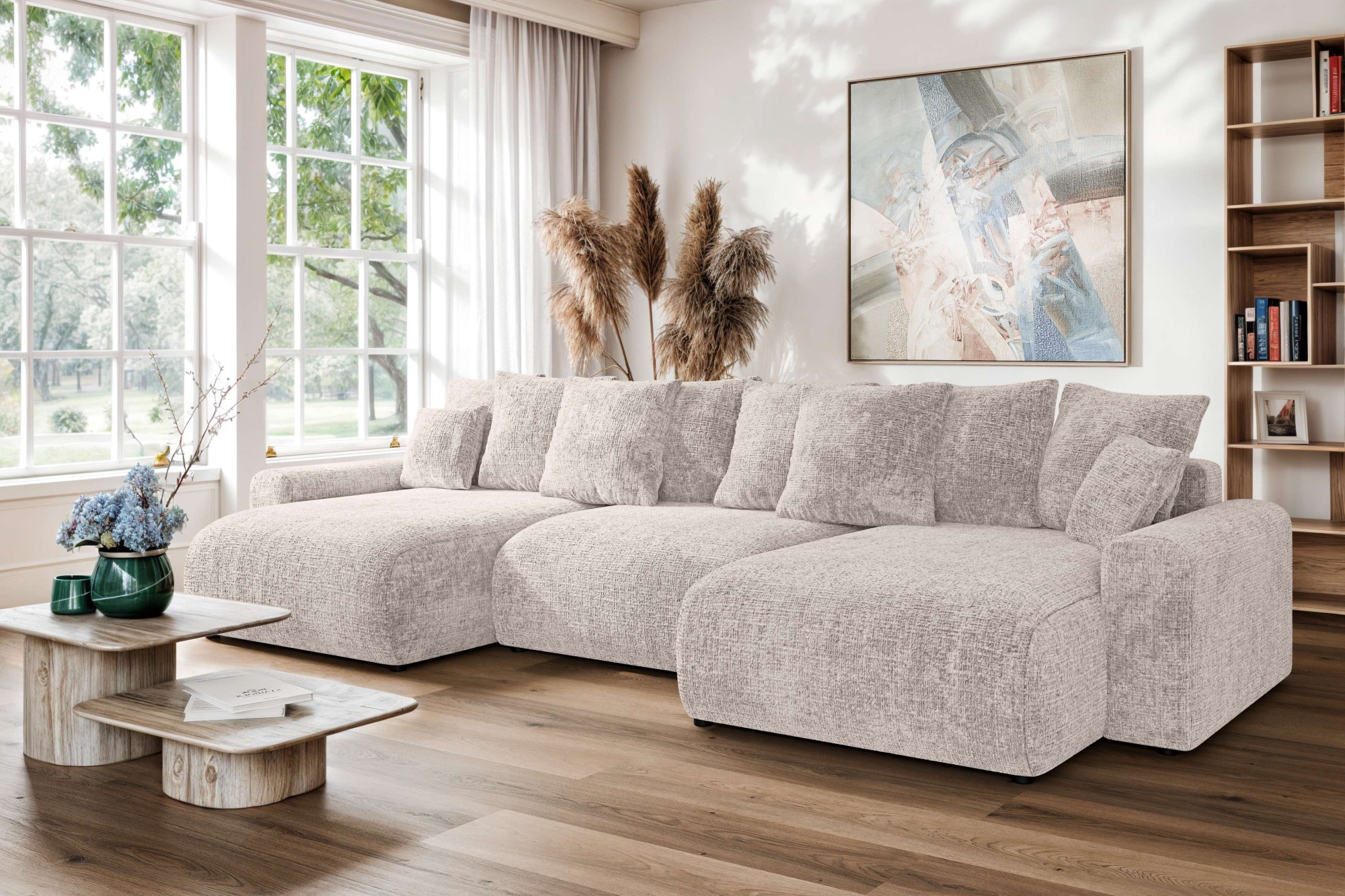 Wohnlandschaft HOME AFFAIRE "LAKESIDE mit Bettfunktion und Bettkasten, Maße B/T/H: 332,5/142/84 cm", beige (hellbeige), B:332,5cm H:84cm T:142cm, 100% Polyester, Sofas, Wohnlandschaft, U‑Form mit vielen Kissen und Wellenunterfederung