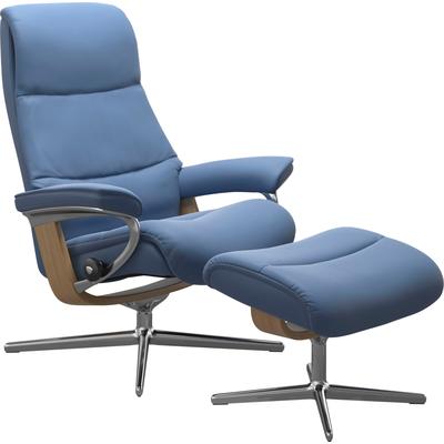 Relaxsessel STRESSLESS "View", blau (lazuli blau), B:82cm H:109cm T:81cm, Sessel, mit Hocker, mit Cross Base, Größe S, M & L, Holzakzent Eiche Image