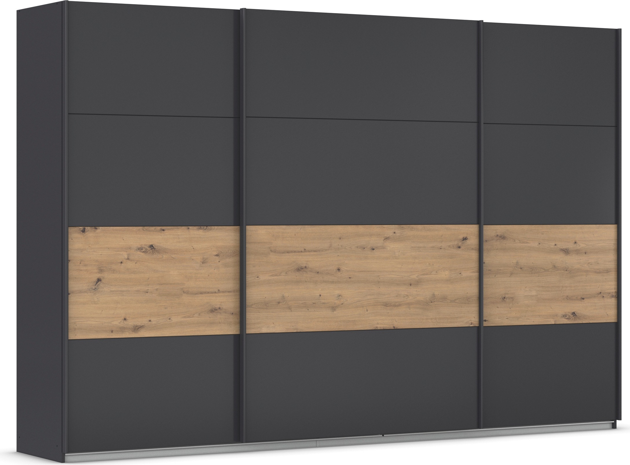 Schwebetürenschrank RAUCH "Schwebetürenschrank Kleiderschrank Schrank Garderobe CORTONA", grau (graumetallic, eiche artisan), B:315cm H:210cm T:62cm, Holzwerkstoff, Schränke, inkl. Inneneinteilung, 2 Stoffboxen und zusätzlichen Einlegeböden