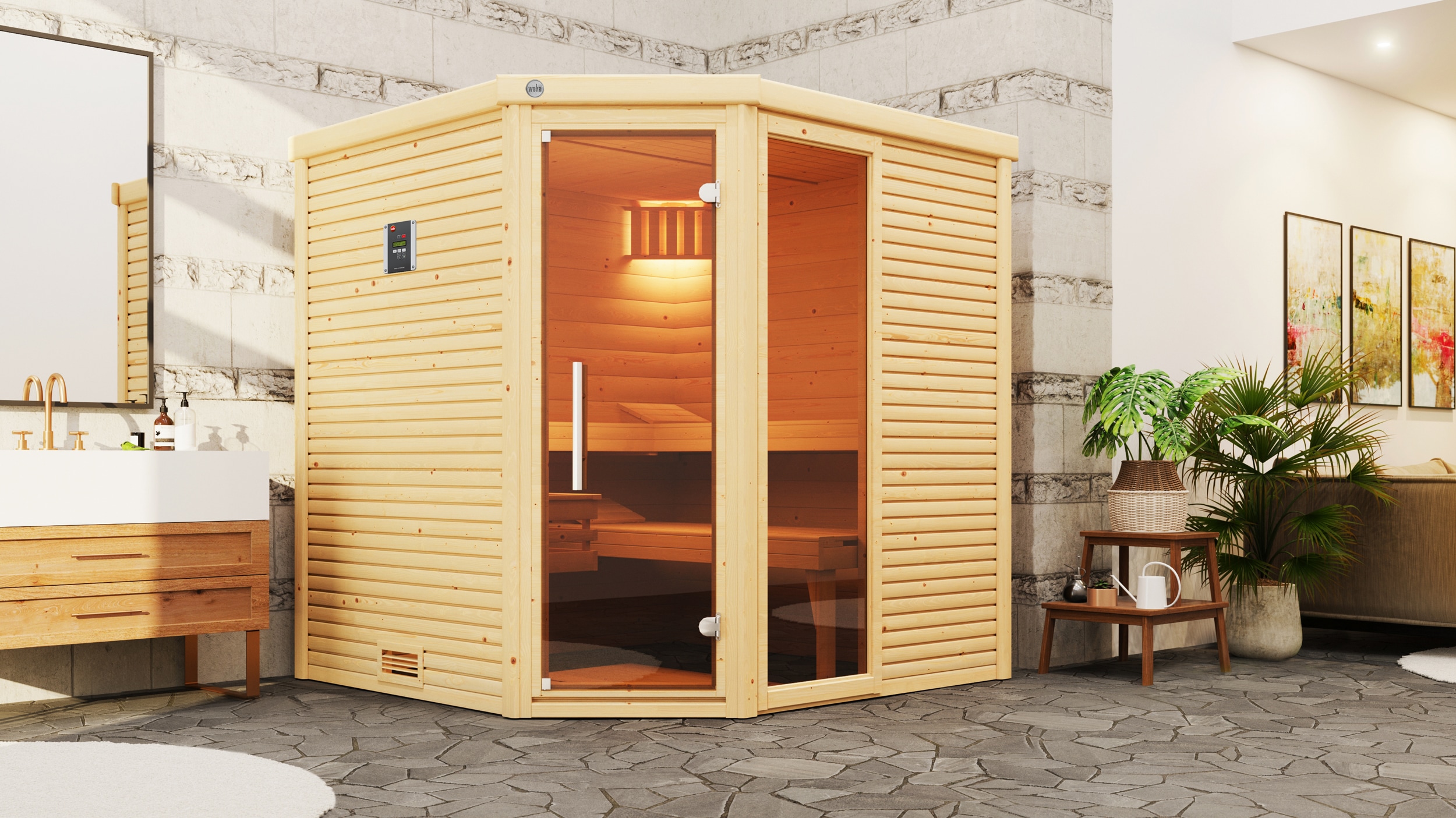Sauna WEKA "Design-Sauna CUBILIS 2", beige (natur), Saunaofen, integrierte Steuerung, 9 kW, Saunen, Blockbohlen im wekaLine-Profil, Fensterelement, Ganzglastür