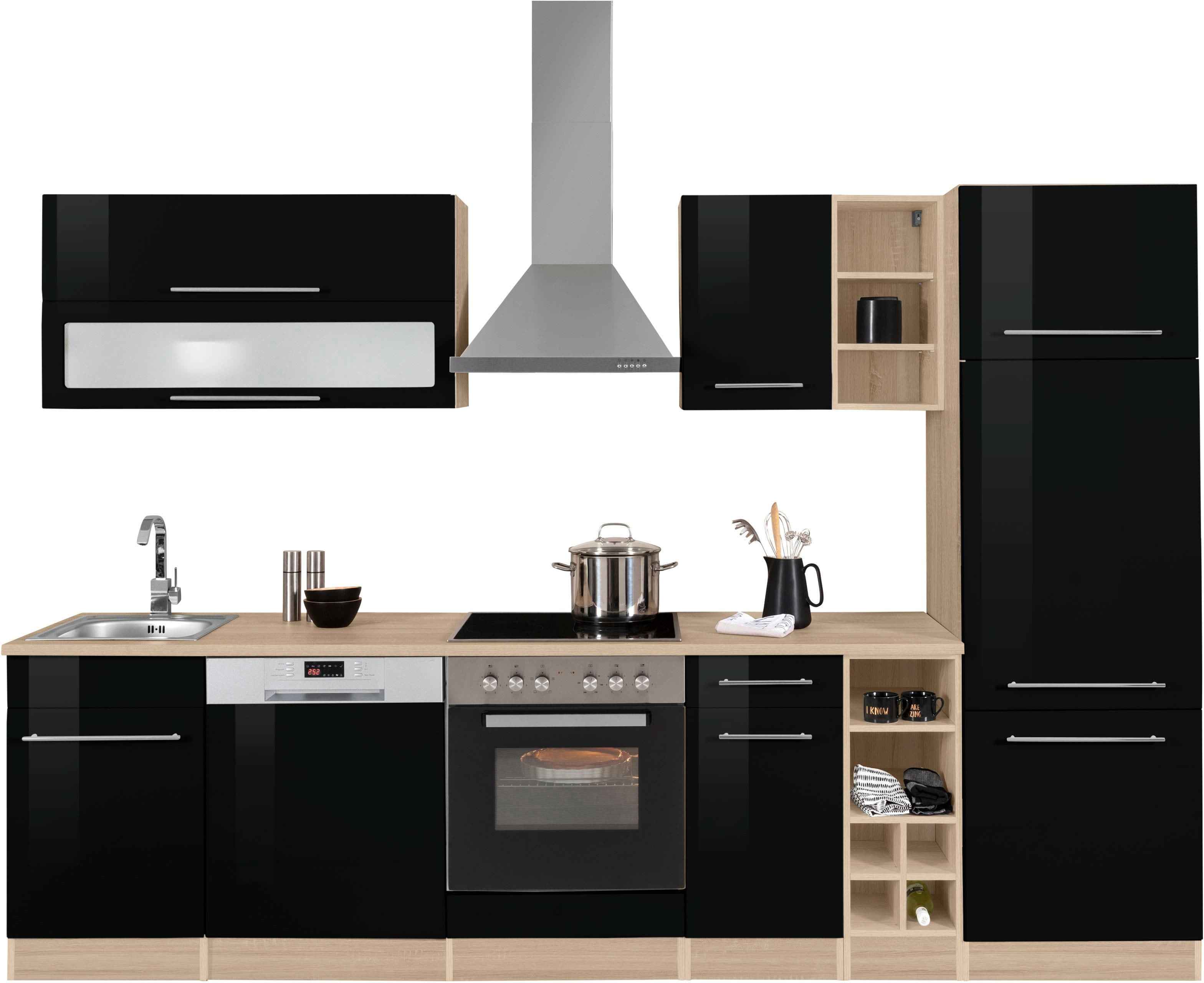 Küchenzeile KOCHSTATION "KS-Eton", schwarz (küche: schwarz, korpus: eichefarben, arbeitsplatte: eichefarben), B:300cm T:60cm, Komplettküchen-Sets, ohne E-Geräte, Breite 300 cm Image