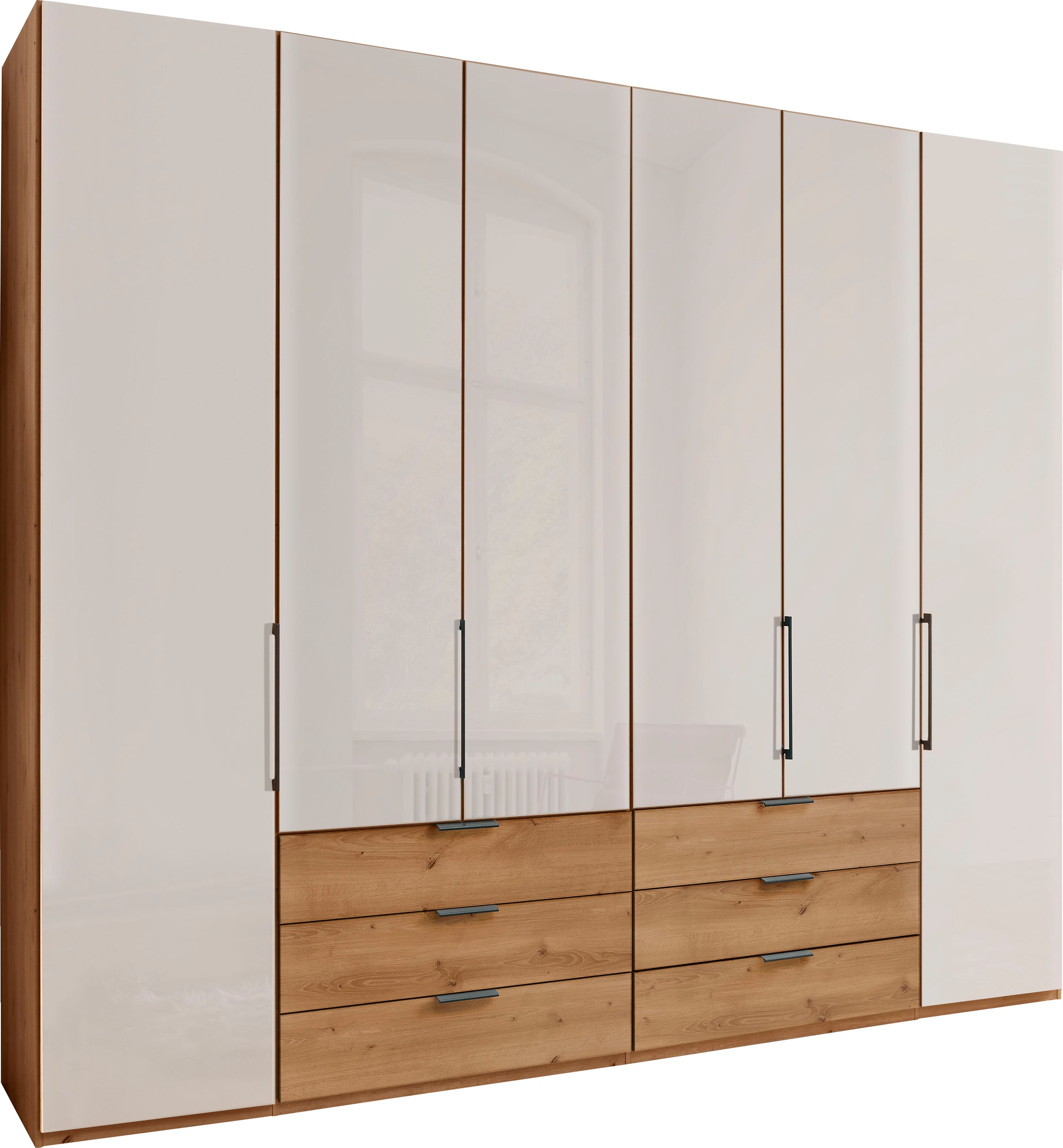 Falttürenschrank WIEMANN "Monaco", braun (bianco, eiche, nachbildung, glas champagner), B:246,9cm H:216cm T:58cm, Floatglas, Holzwerkstoff, Schränke, Kleiderschrank Drehtürenschrank, Teil-Glasfront sowie hochwertige Beschläge inkl. Schubladendämpfung