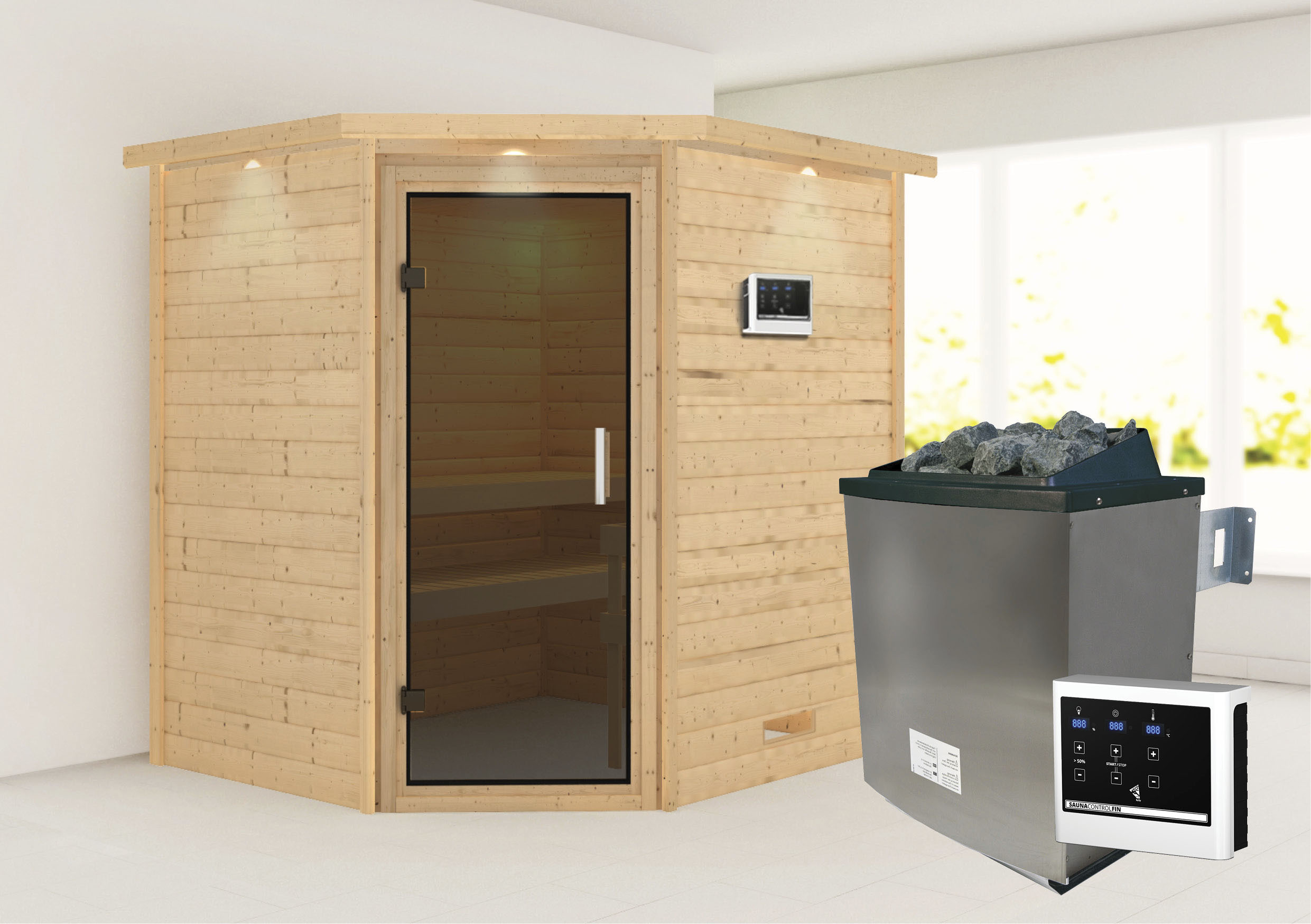 Sauna KARIBU "Mia (Fronteinstieg)", beige (naturbelassen), (ohne Ofen), Saunen, Ofen 9 KW externe Strg easy